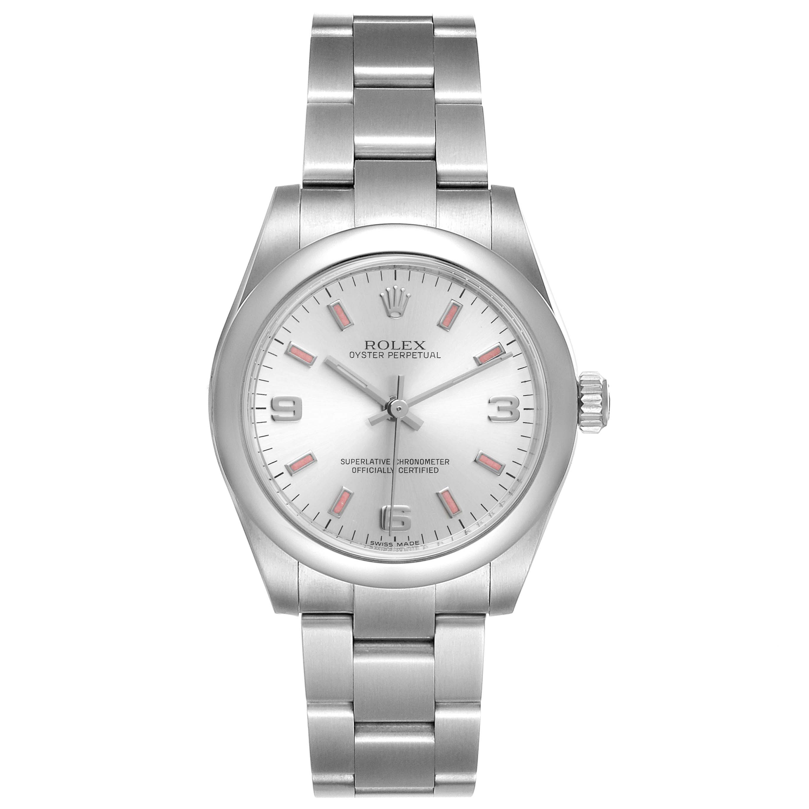 The image shows a front view of a Rolex Oyster Perpetual Mid-Size watch, highlighting the dial, bezel, and bracelet.