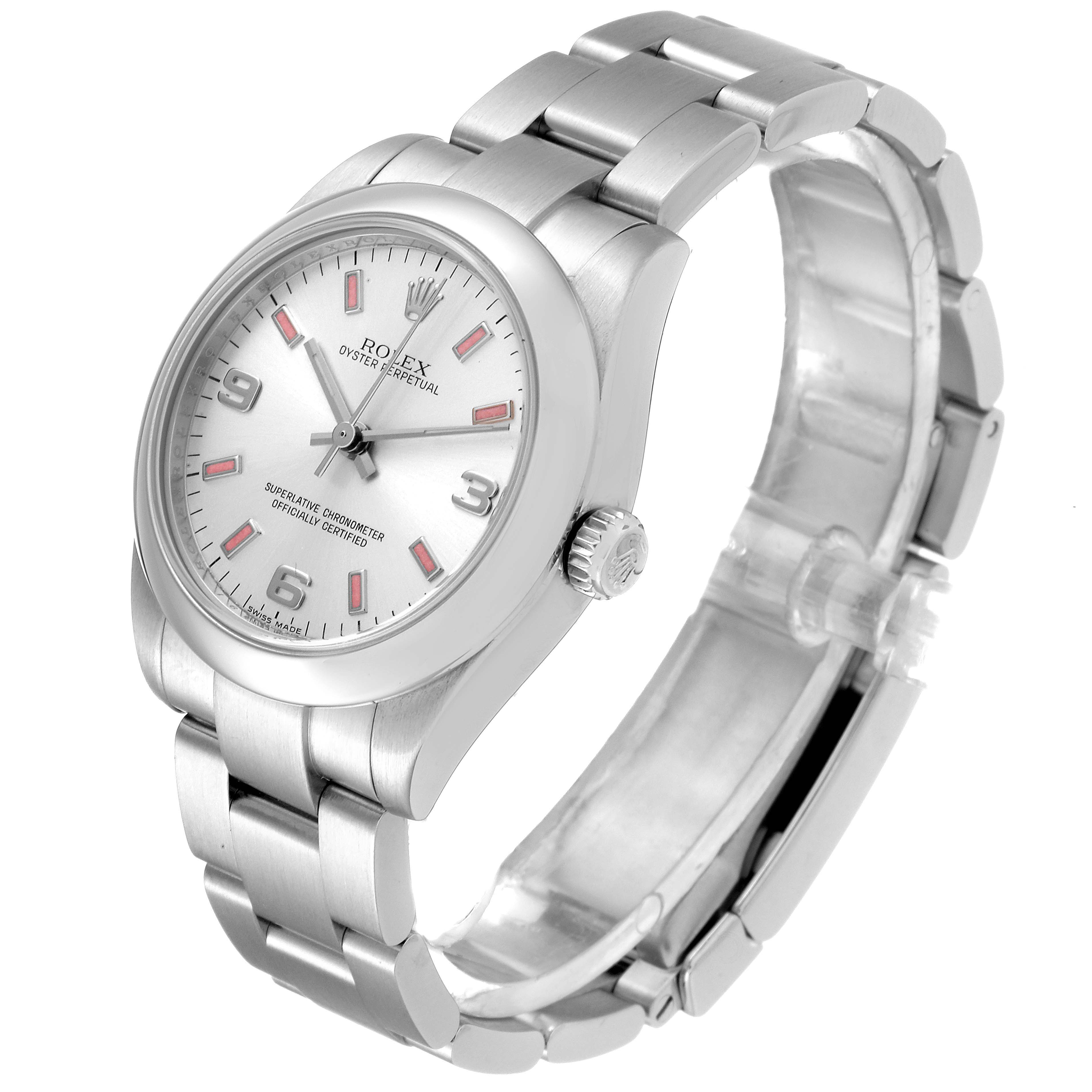 The image shows a Rolex Oyster Perpetual Mid-Size watch at a three-quarter angle, highlighting the face, crown, and bracelet.