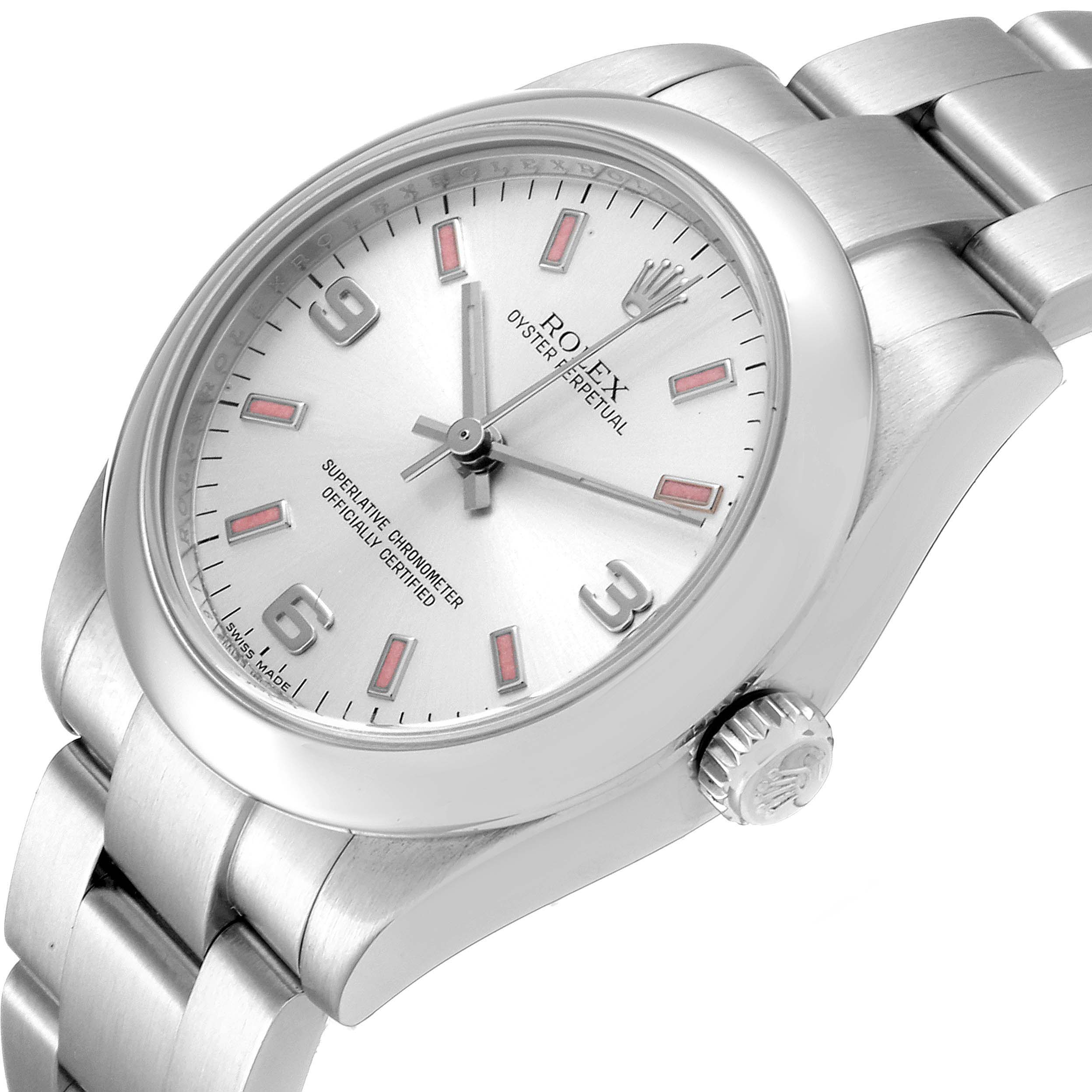 The image shows a side-angle view of a Rolex Mid-Size 177200 Women's Stainless Steel Silver Dial 177200 Women's Stainless Steel Silver Dial Oyster Perpetual watch, highlighting the face, bezel, links, and crown.