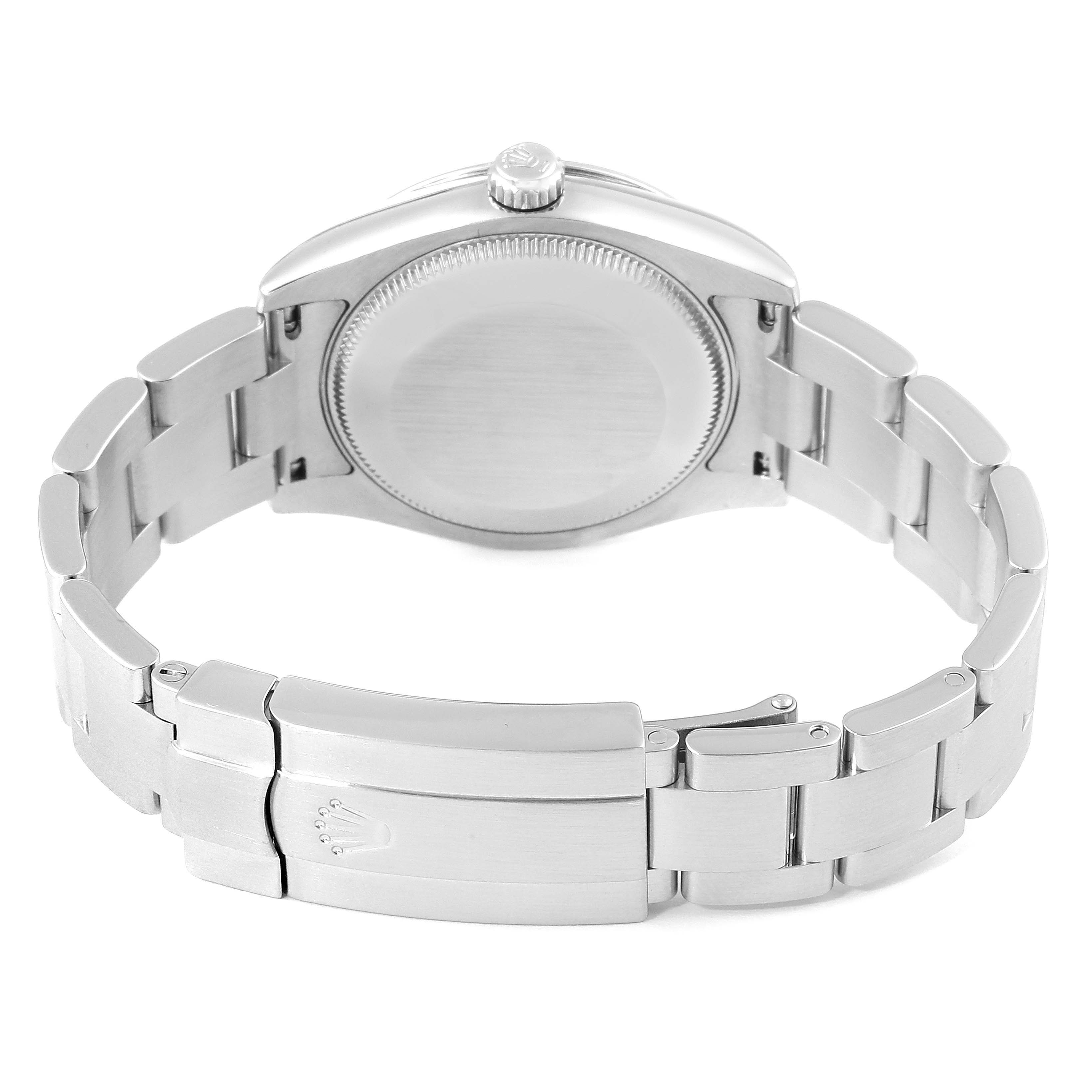 This image shows the back and clasp of a Rolex Mid-Size 177200 Women's Stainless Steel Silver Dial 177200 Women's Stainless Steel Silver Dial watch from a rear angle.
