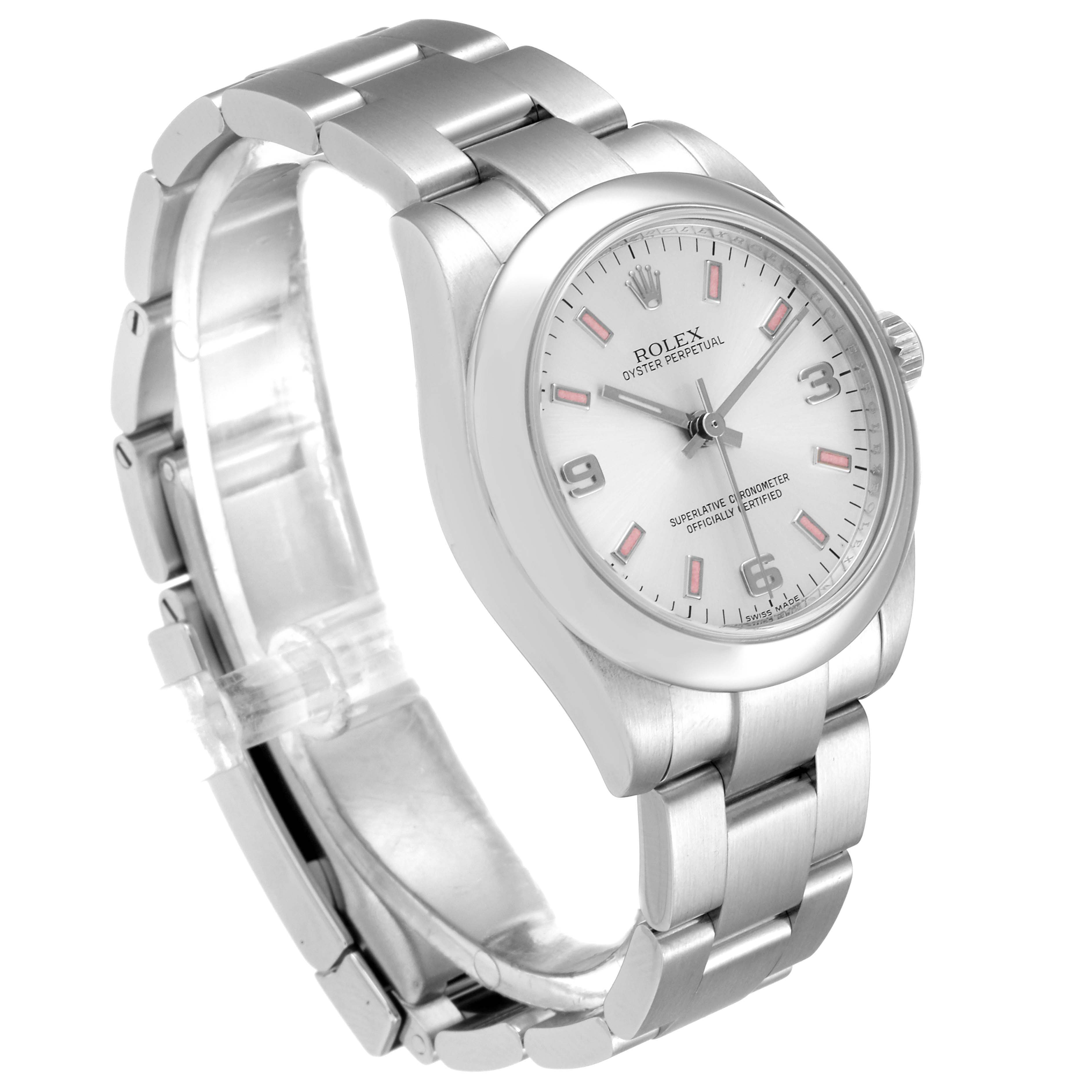 The image shows a Rolex Mid-Size 177200 Women's Stainless Steel Silver Dial 177200 Women's Stainless Steel Silver Dial watch at an angled side view, highlighting its bracelet, case, and dial.