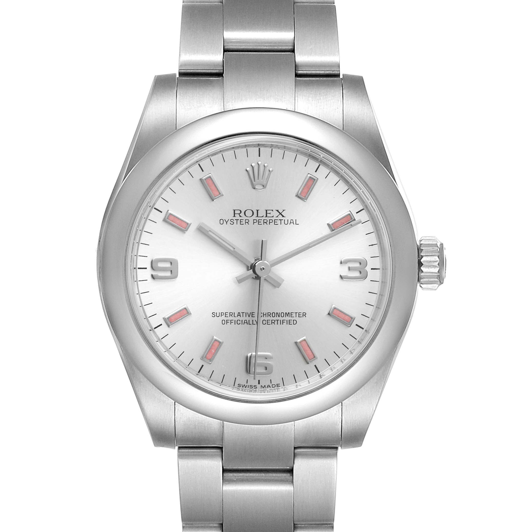 This image shows a frontal view of a Rolex Oyster Perpetual Mid-Size watch including its dial, case, and part of the bracelet.
