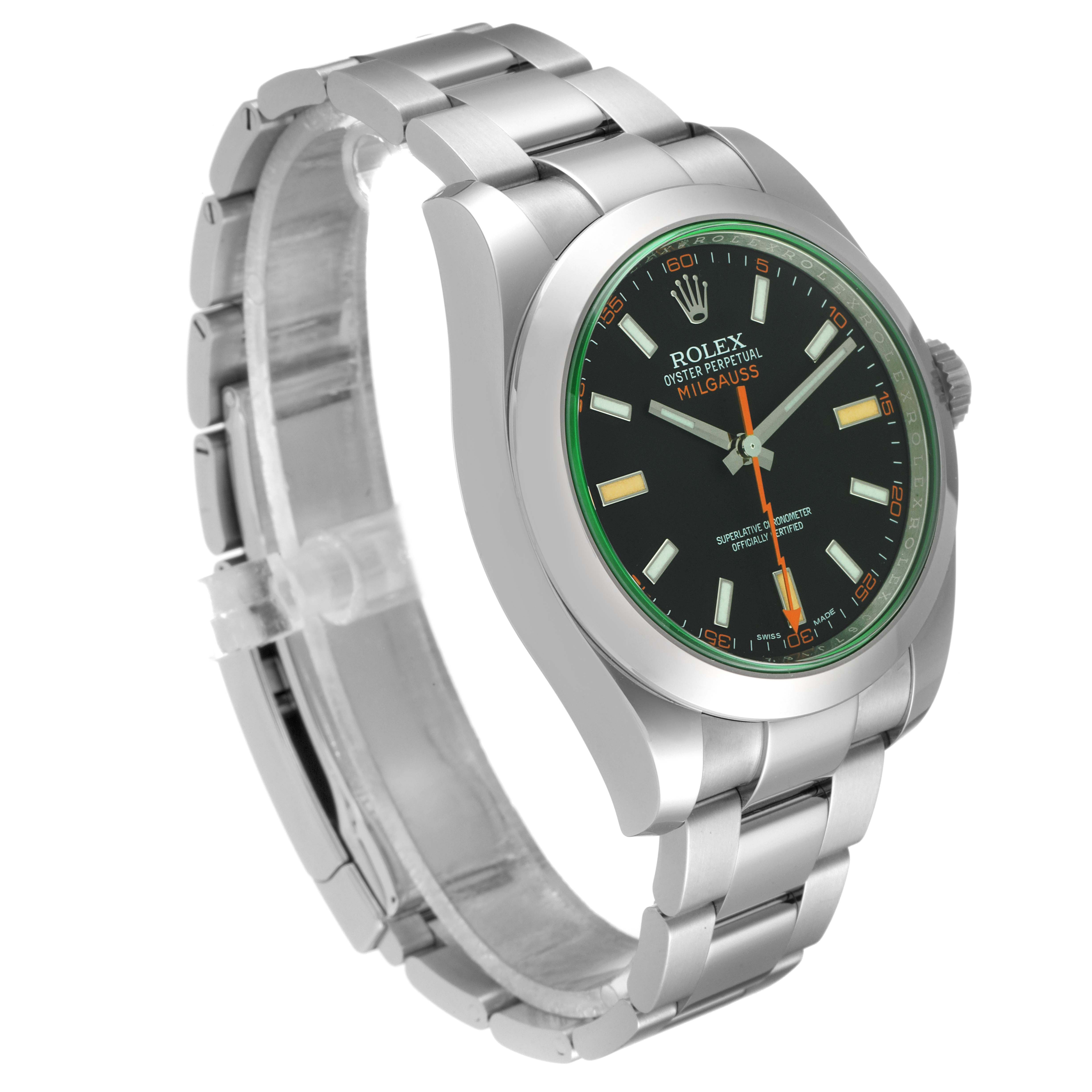 The image shows a side-angle view of a Rolex Milgauss 116400V Men's Stainless Steel Black Dial 116400V Men's Stainless Steel Black Dial watch, highlighting its bracelet, bezel, and dial.