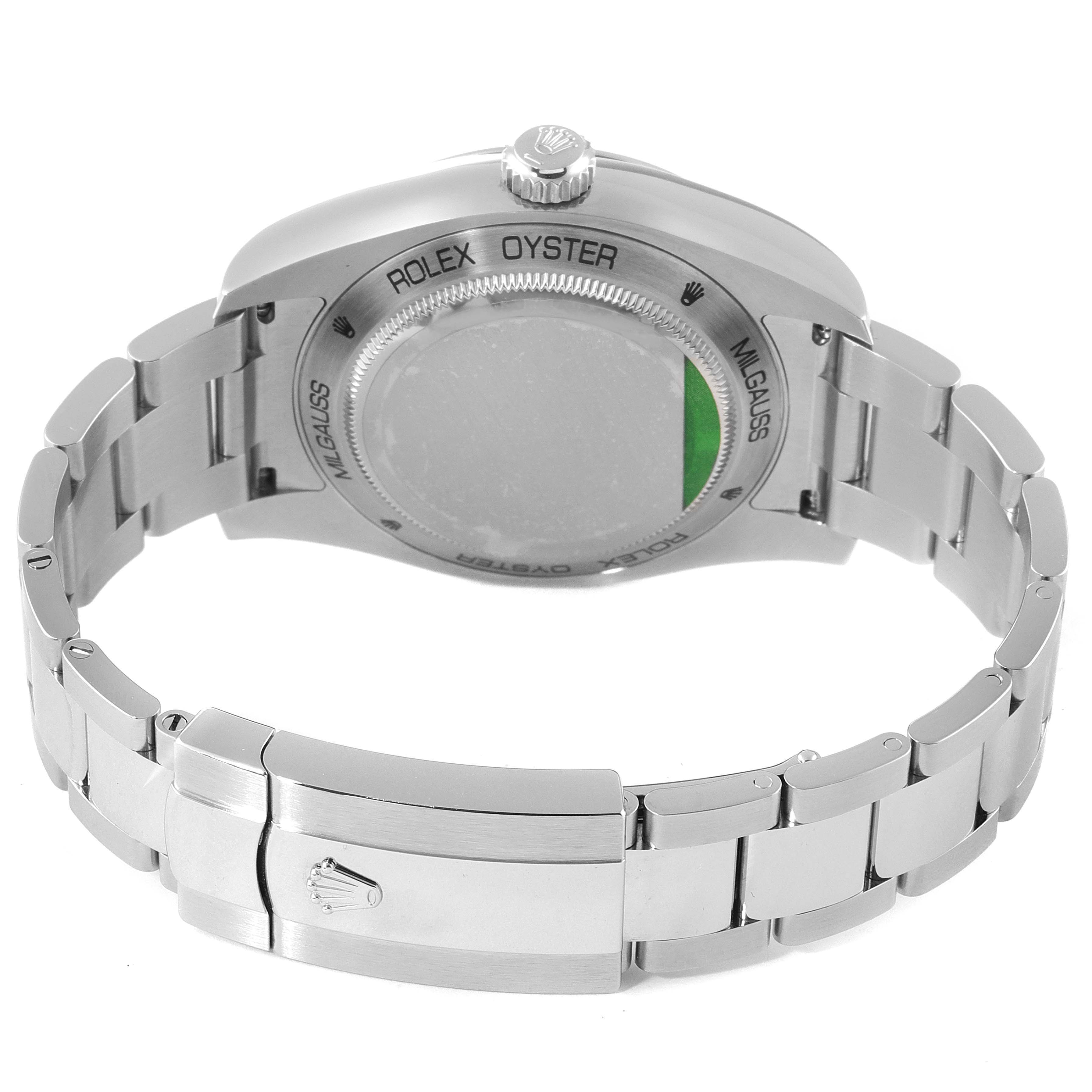 This image shows the back view of the Rolex Milgauss 116400V Men's Stainless Steel Black Dial 116400V Men's Stainless Steel Black Dial watch, displaying its case back and bracelet with a clasp.