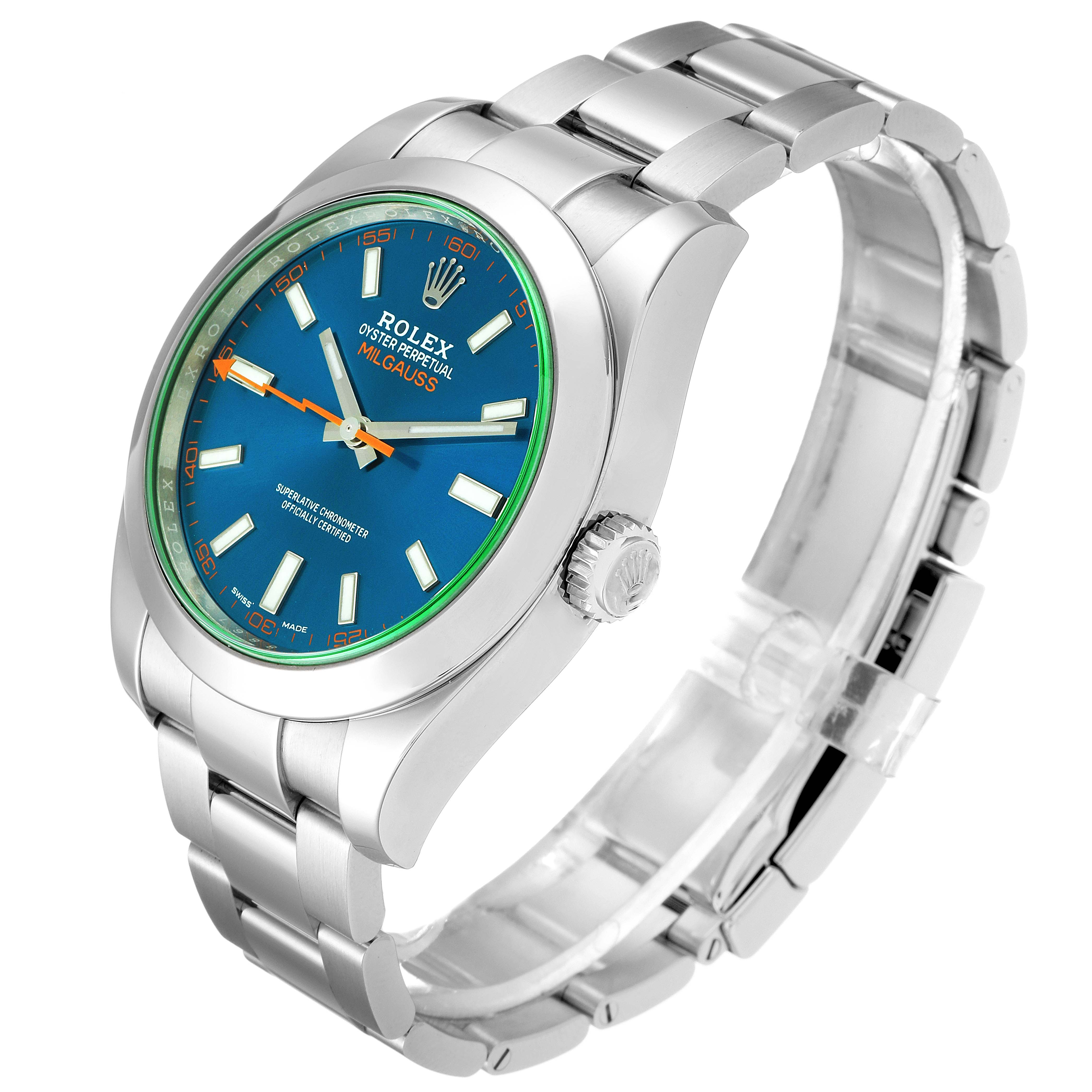 The Rolex Milgauss 116400GV Men's Stainless Steel Blue Dial 116400GV Men's Stainless Steel Blue Dial watch is shown at a three-quarter angle displaying its face, crown, and bracelet.