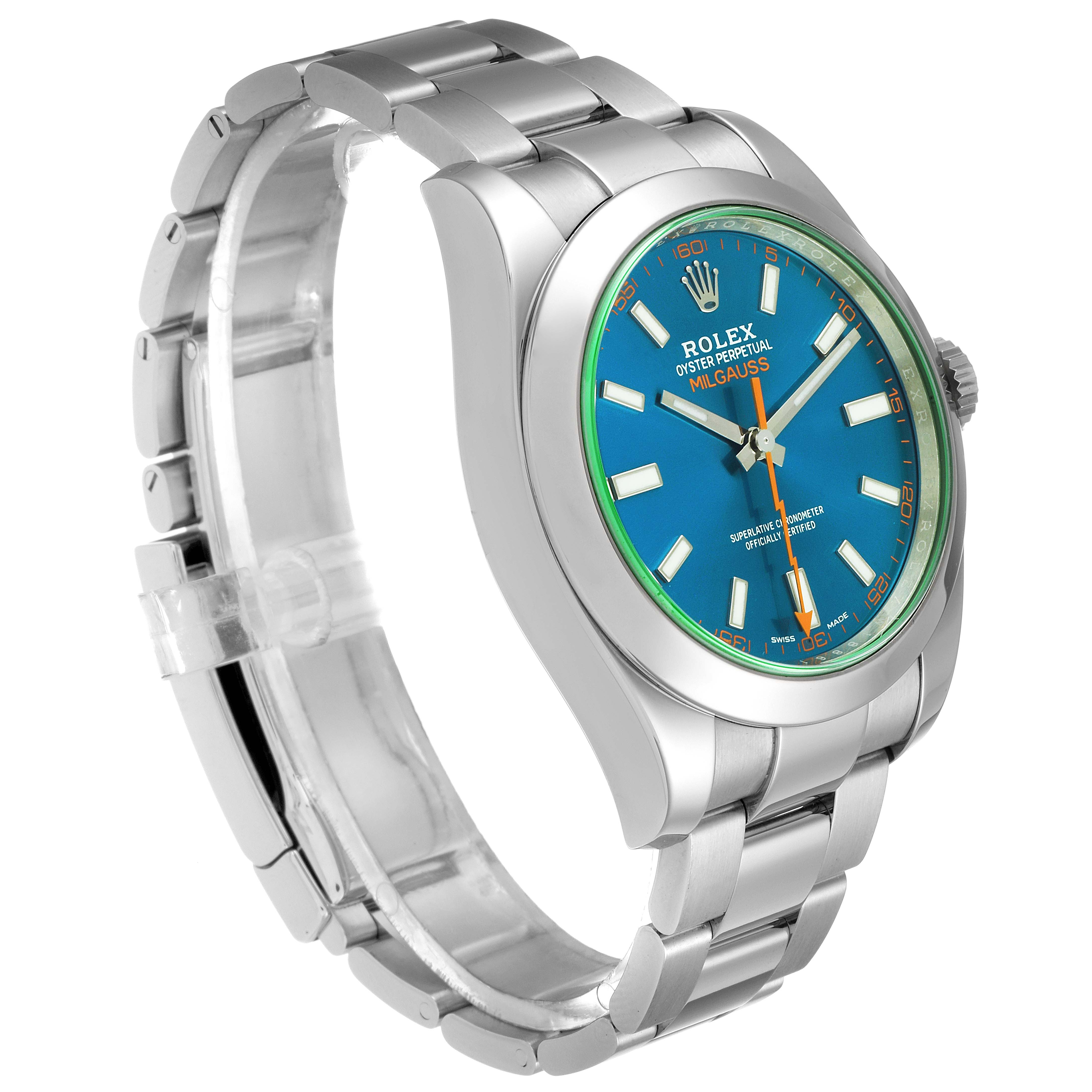 The image shows a Rolex Milgauss 116400GV Men's Stainless Steel Blue Dial 116400GV Men's Stainless Steel Blue Dial watch angled to display its face, case, bezel, and a portion of its bracelet.