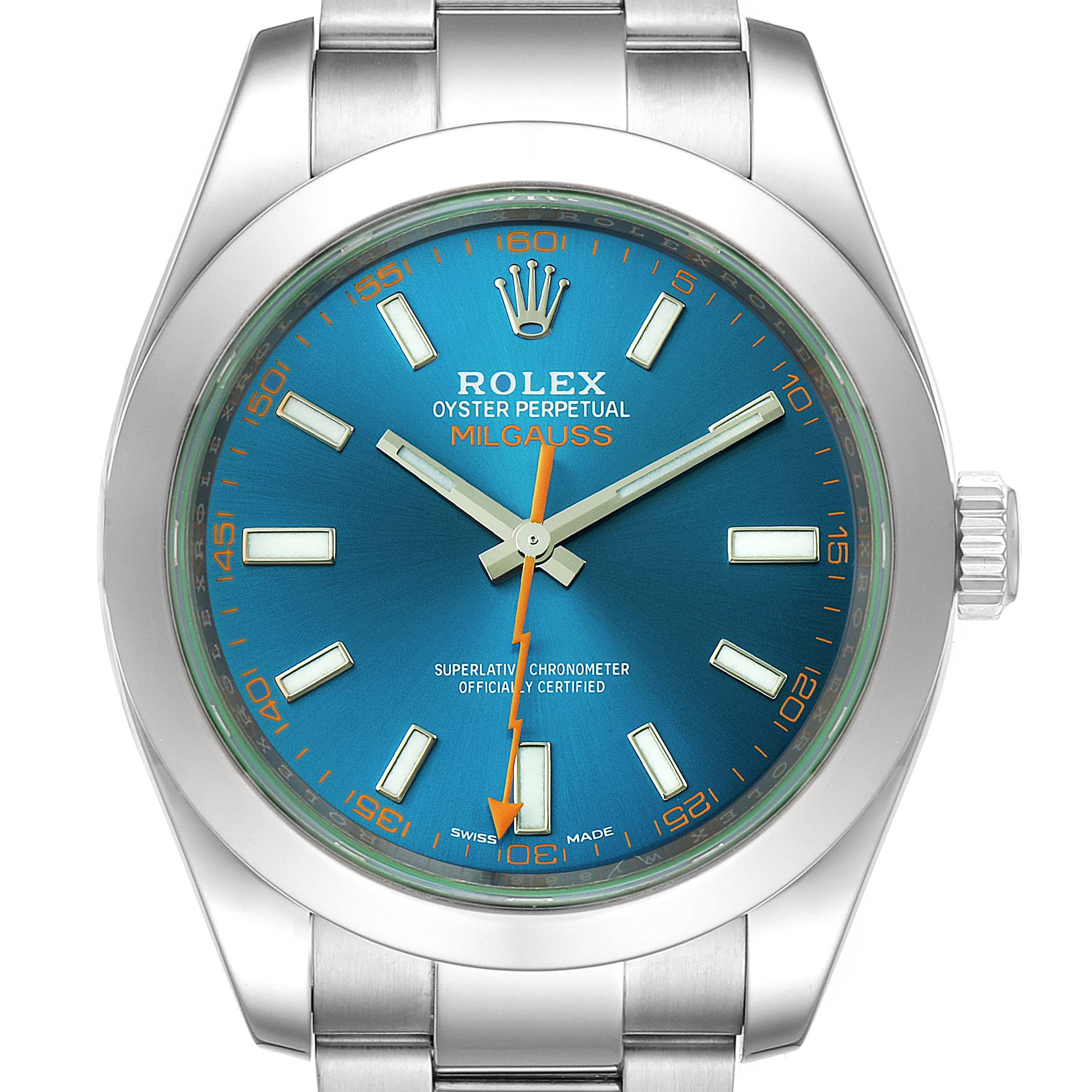 The Rolex Milgauss 116400GV Men's Stainless Steel Blue Dial 116400GV Men's Stainless Steel Blue Dial watch is shown from a direct top-down angle, highlighting its blue dial, orange lightning-bolt second hand, and stainless steel bracelet.