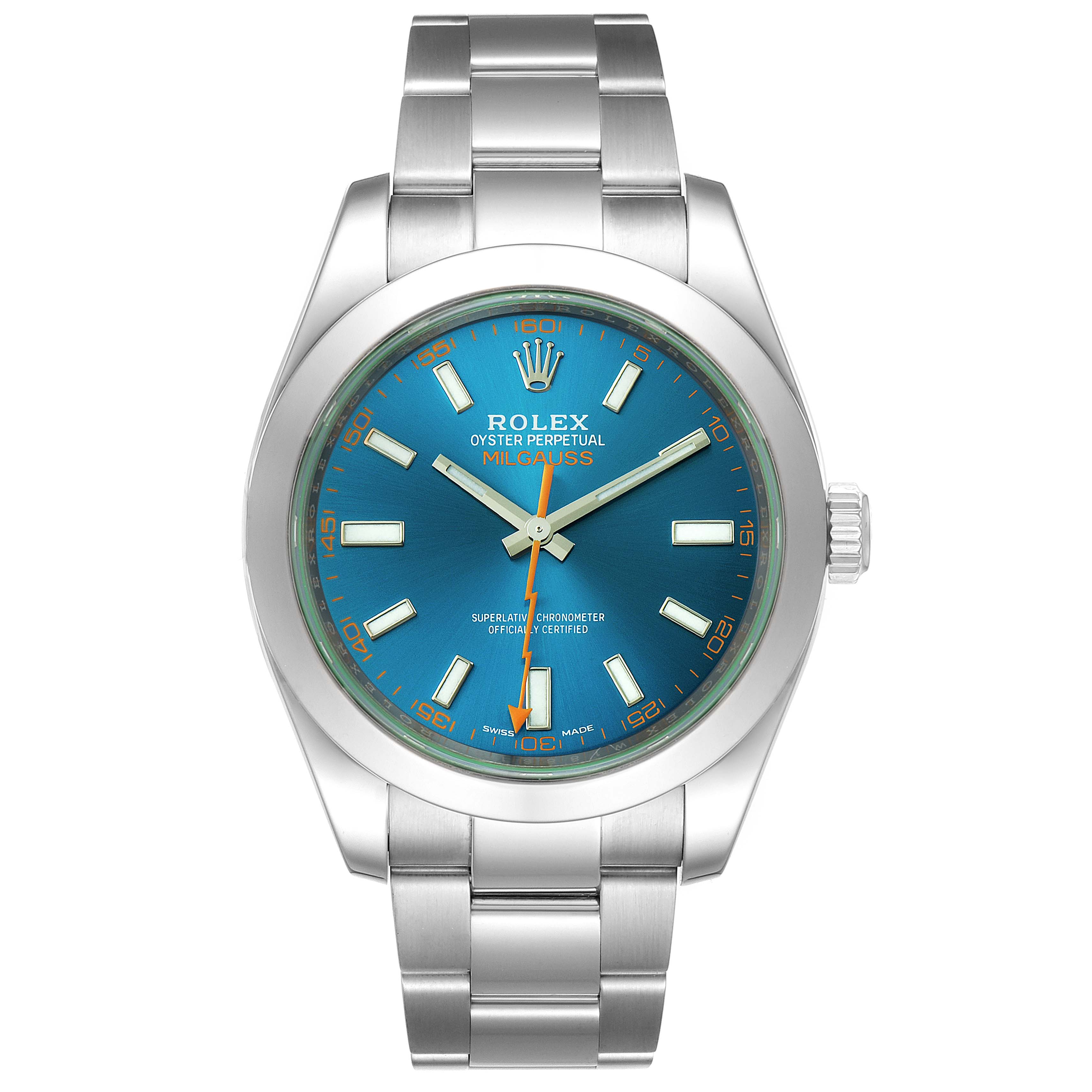 The image shows a frontal view of a Rolex Milgauss 116400GV Men's Stainless Steel Blue Dial 116400GV Men's Stainless Steel Blue Dial watch, highlighting its blue dial, stainless steel case, and bracelet.