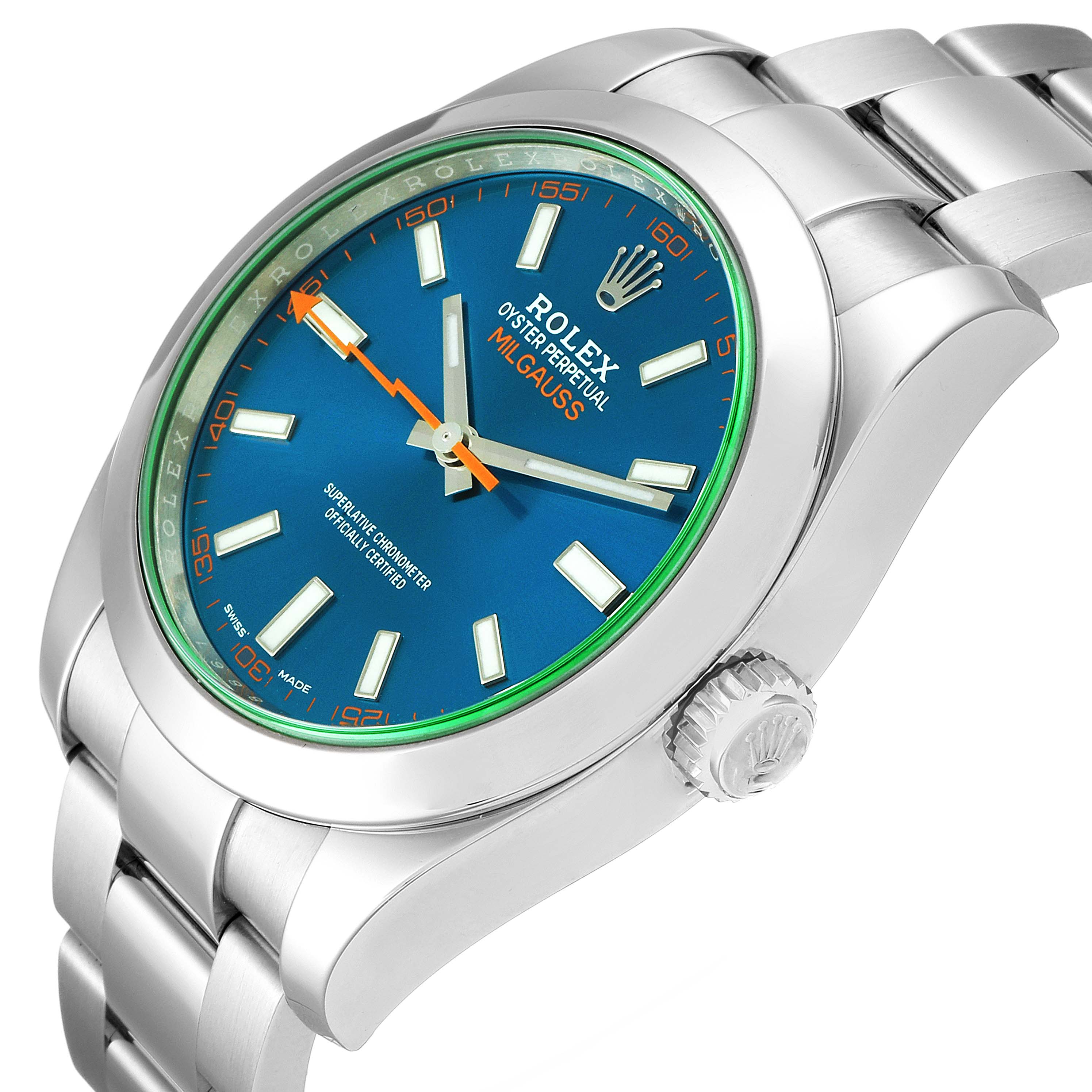The Rolex Milgauss 116400GV Men's Stainless Steel Blue Dial 116400GV Men's Stainless Steel Blue Dial watch is shown at a 45-degree angle, highlighting the side, dial, and part of the bracelet.