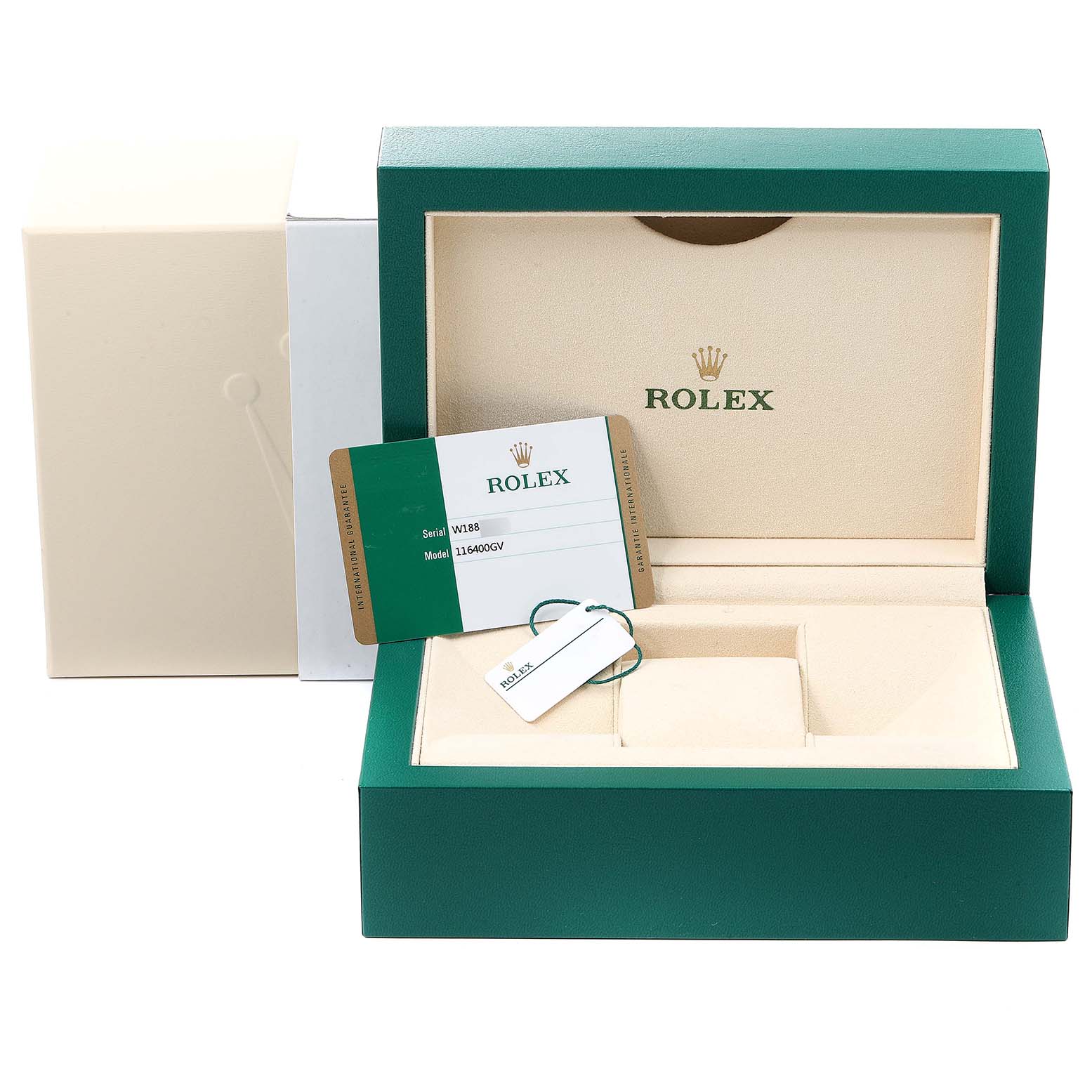 The image shows the packaging, warranty card, and tags for the Rolex Milgauss 116400GV Men's Stainless Steel Blue Dial 116400GV Men's Stainless Steel Blue Dial watch, model 116400GV.