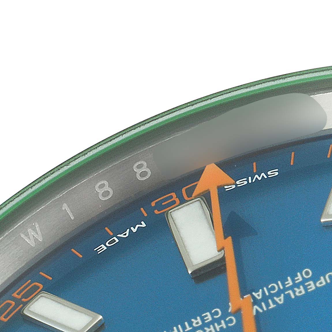 This close-up image of the Rolex Milgauss 116400GV Men's Stainless Steel Blue Dial 116400GV Men's Stainless Steel Blue Dial watch shows the blue dial, orange second hand, and partial view of the bezel with indices.