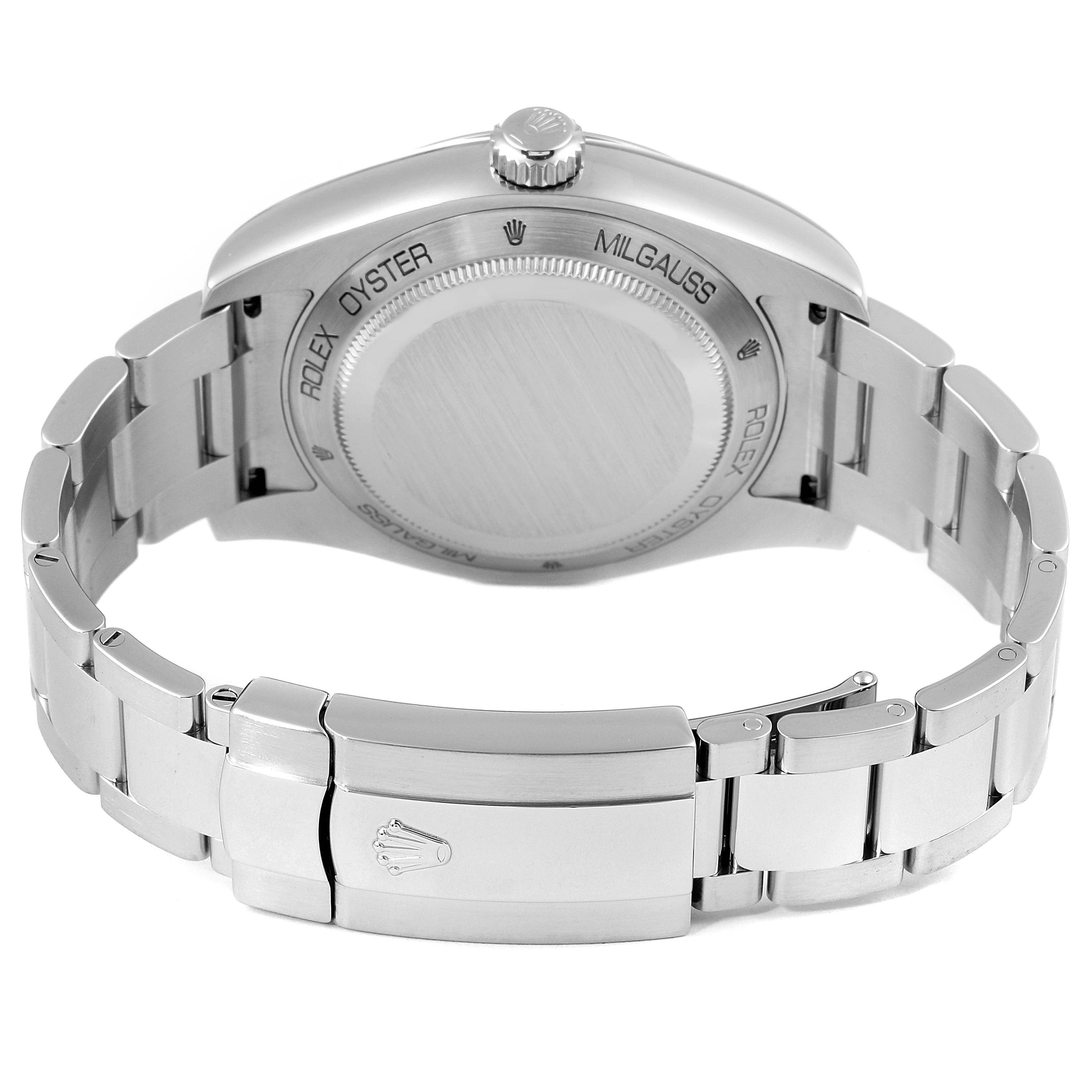 The image shows the back case and bracelet of a Rolex Milgauss 116400GV Men's Stainless Steel Blue Dial 116400GV Men's Stainless Steel Blue Dial watch, viewed from the reverse side.