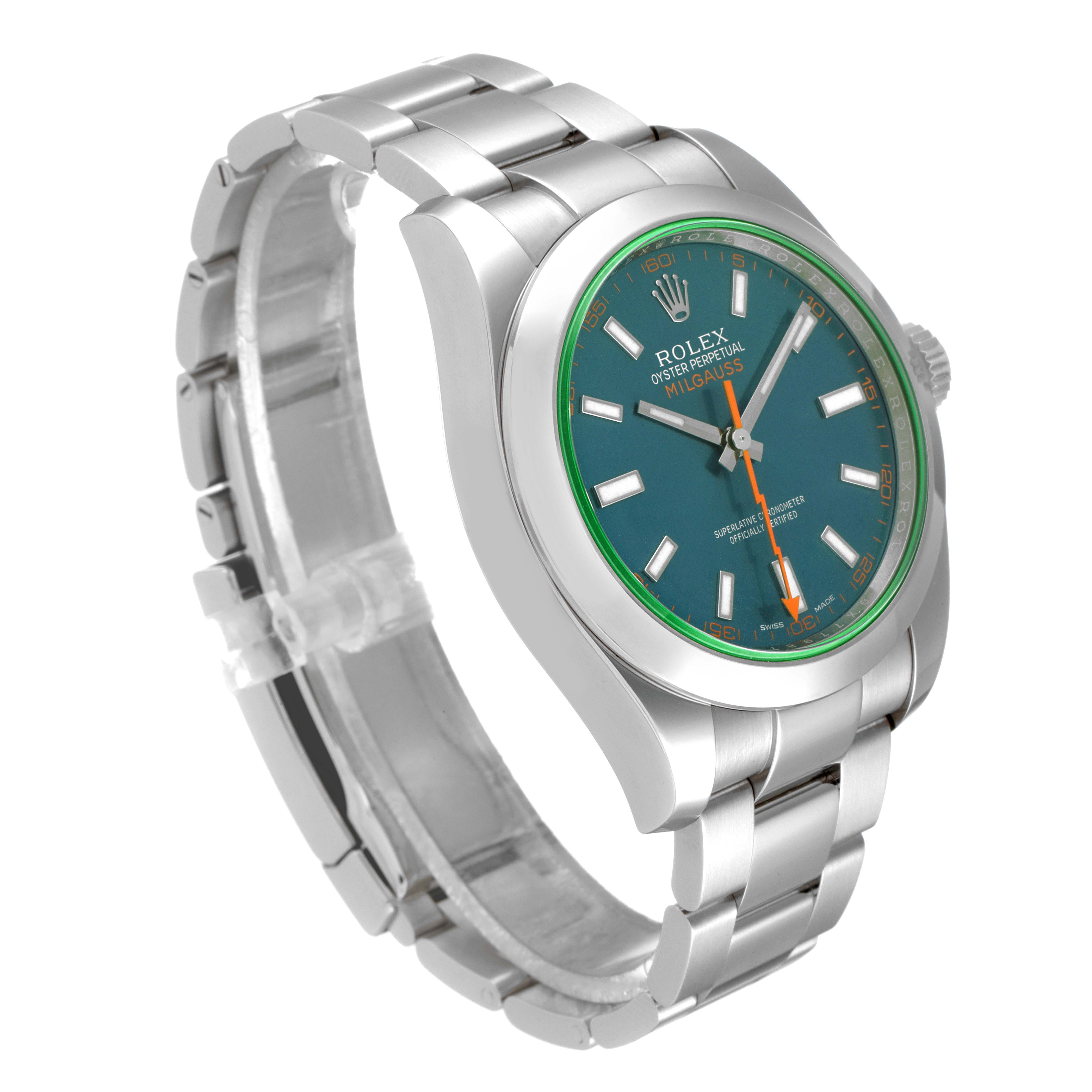 The Rolex Milgauss 116400GV Men's Stainless Steel Blue Dial 116400GV Men's Stainless Steel Blue Dial watch is shown at a slight side angle, displaying its face, bracelet, and case.