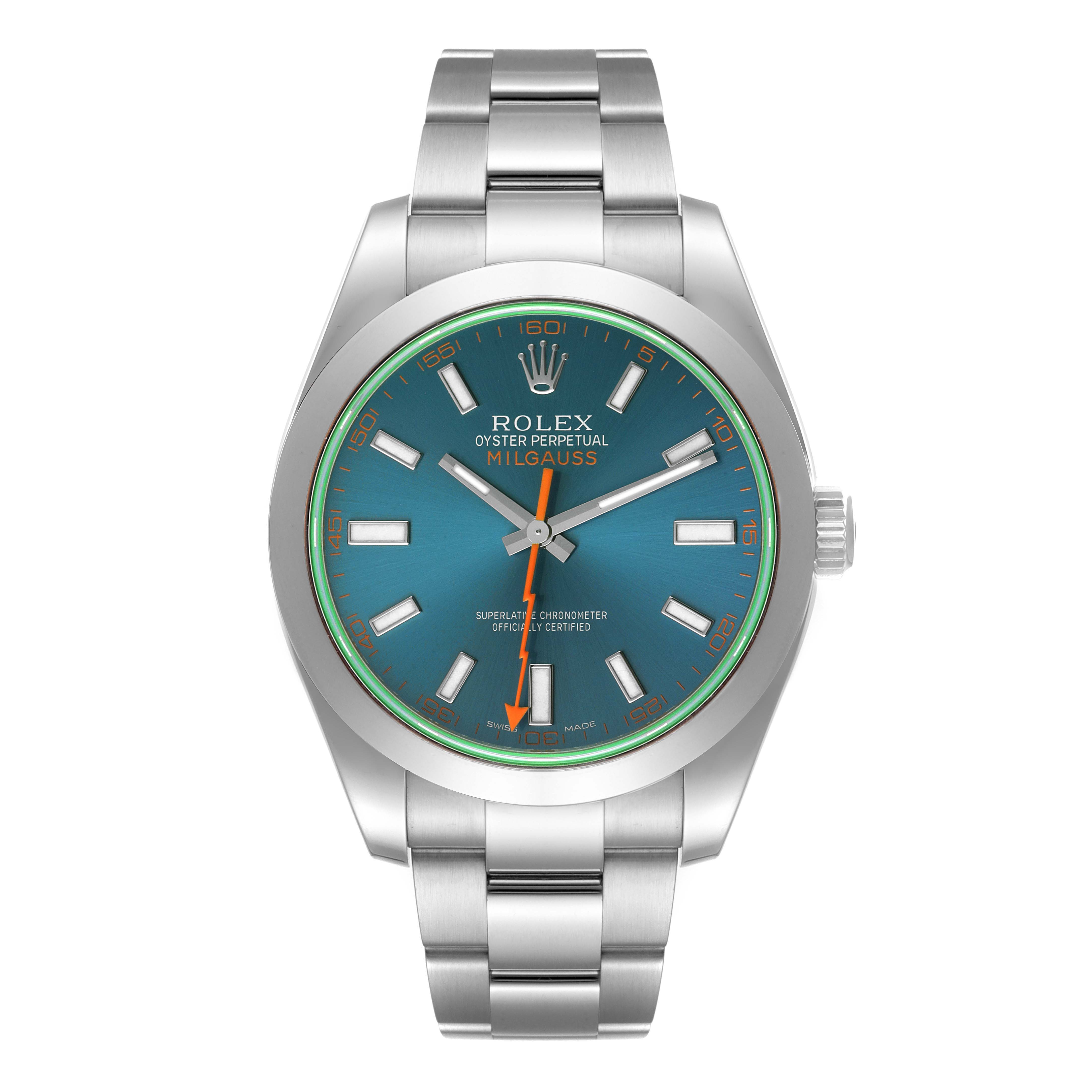 This image shows a Rolex Milgauss 116400GV Men's Stainless Steel Blue Dial 116400GV Men's Stainless Steel Blue Dial watch from a front view, displaying its blue dial, hour markers, hands, and stainless steel bracelet.
