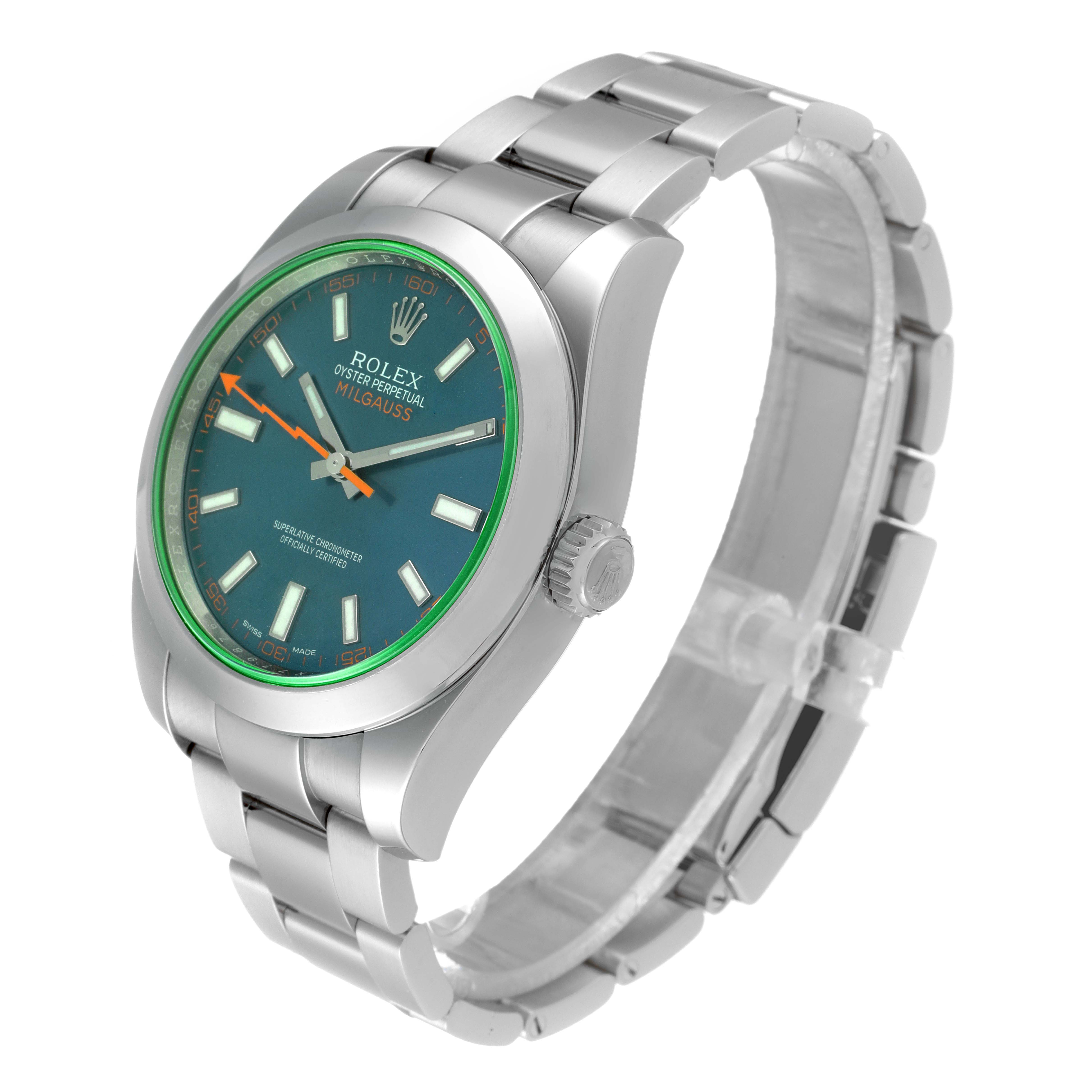 The Rolex Milgauss 116400GV Men's Stainless Steel Blue Dial 116400GV Men's Stainless Steel Blue Dial watch is shown at a slightly angled side view, highlighting the face, bezel, crown, and bracelet.