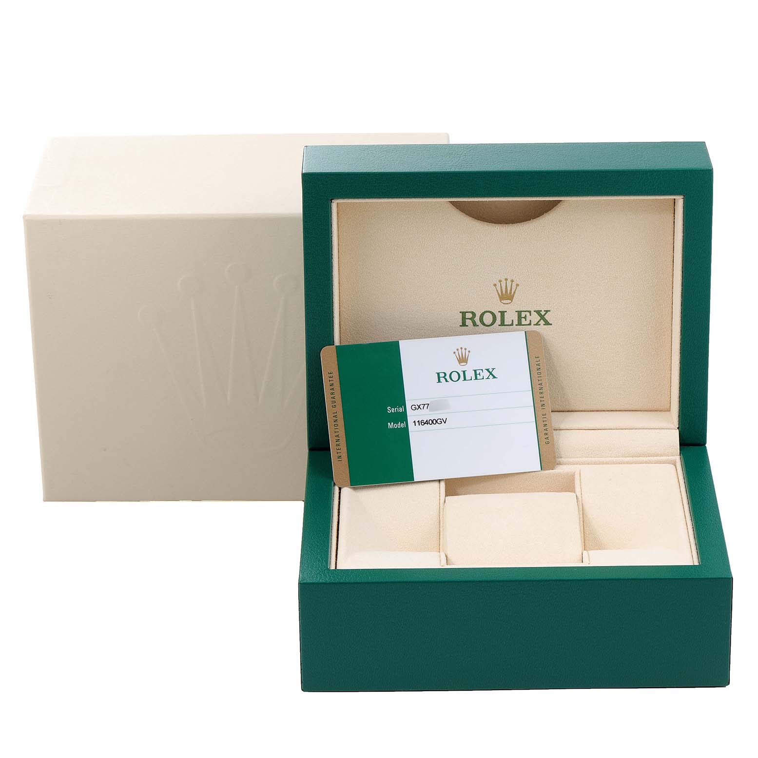 The image shows the open box and warranty card for a Rolex Milgauss 116400GV Men's Stainless Steel Blue Dial 116400GV Men's Stainless Steel Blue Dial watch, viewed from a front angle.