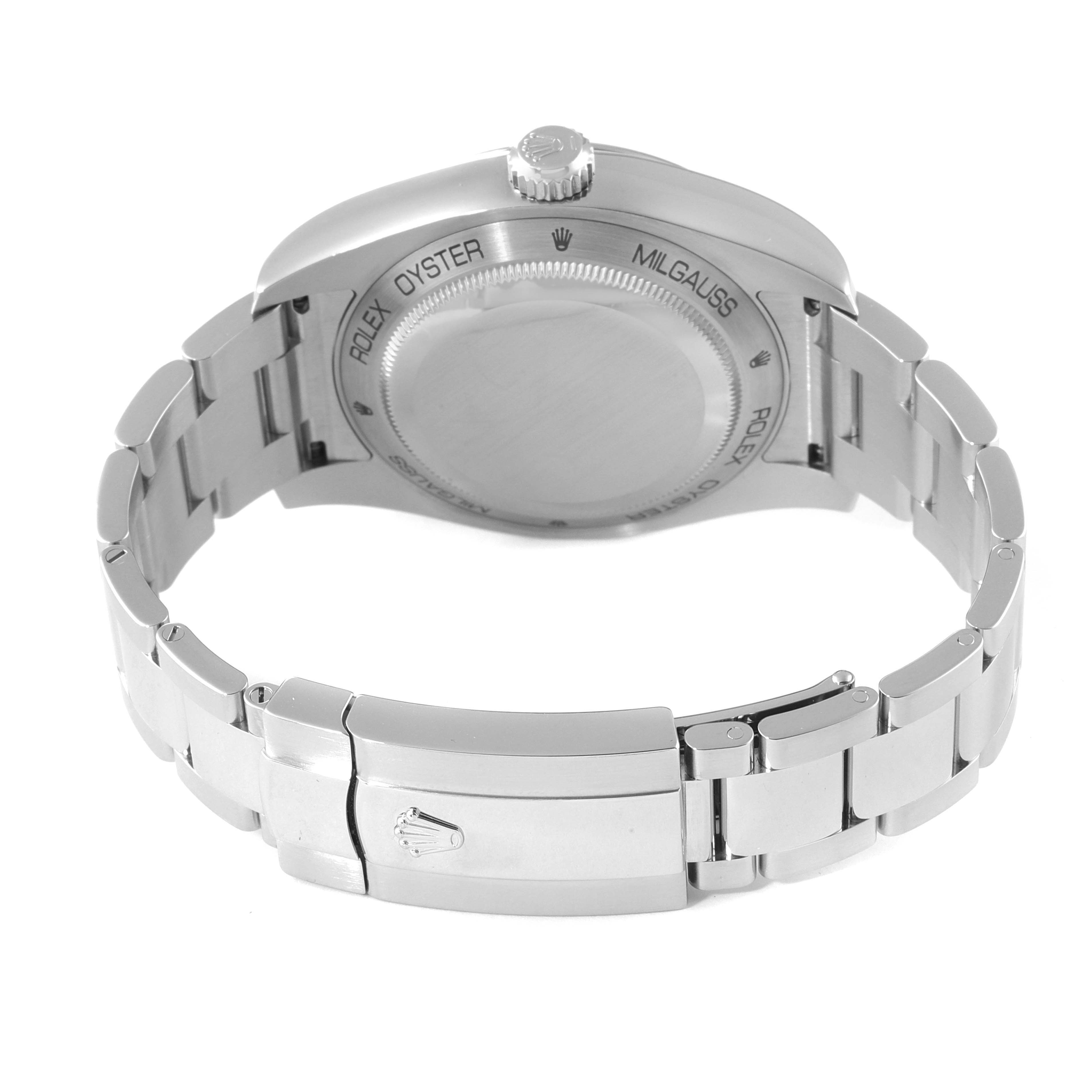 The image shows the back view of a Rolex Milgauss 116400GV Men's Stainless Steel Blue Dial 116400GV Men's Stainless Steel Blue Dial watch, highlighting the case back and stainless steel bracelet.