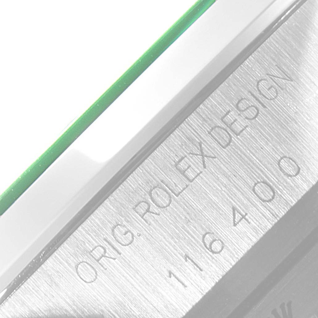 The image shows a close-up angle of the engraved side of a Rolex Milgauss 116400GV Men's Stainless Steel Blue Dial 116400GV Men's Stainless Steel Blue Dial watch.