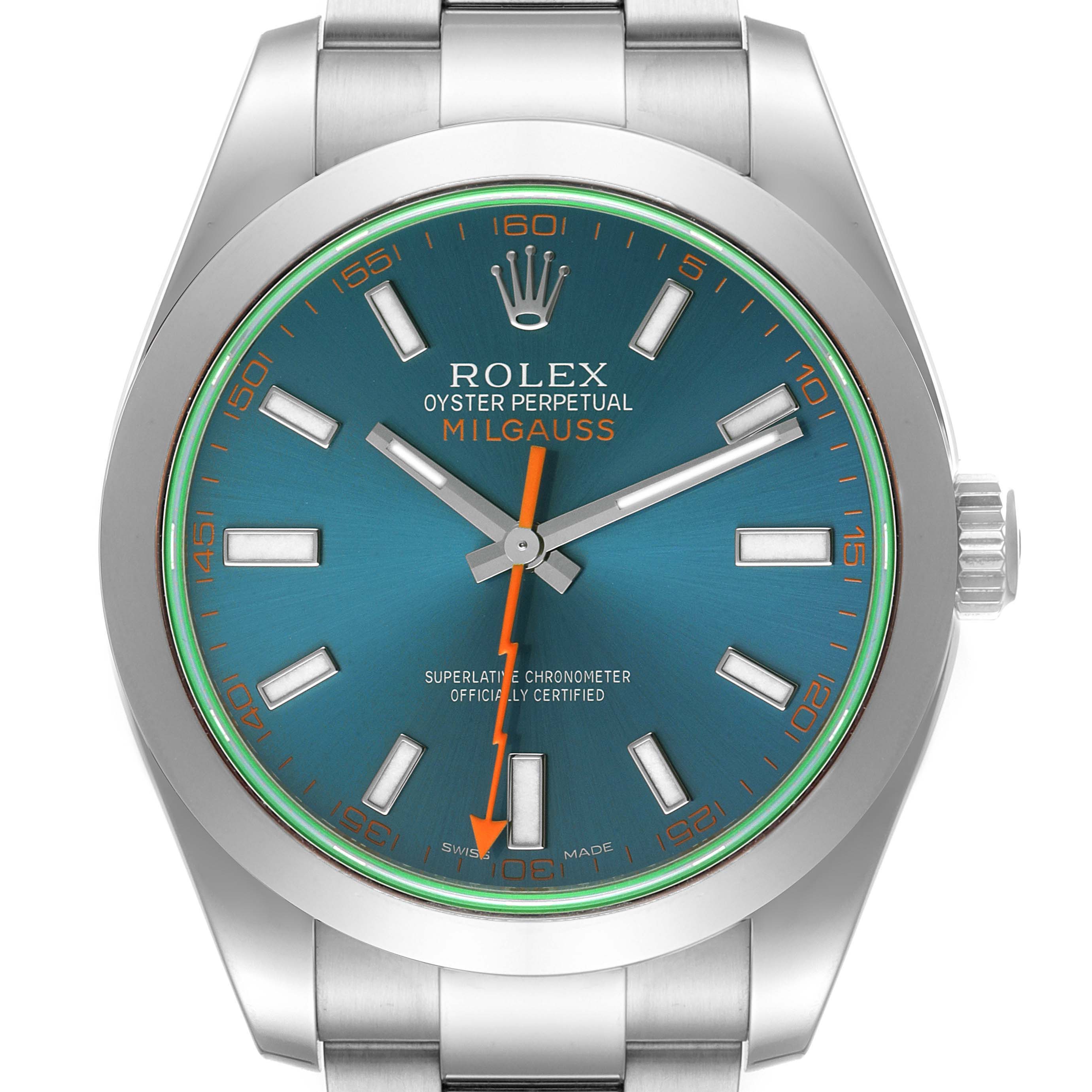 The image shows a head-on view of the Rolex Milgauss 116400GV Men's Stainless Steel Blue Dial 116400GV Men's Stainless Steel Blue Dial watch, highlighting its blue dial, orange lightning-bolt seconds hand, and stainless steel case and band.