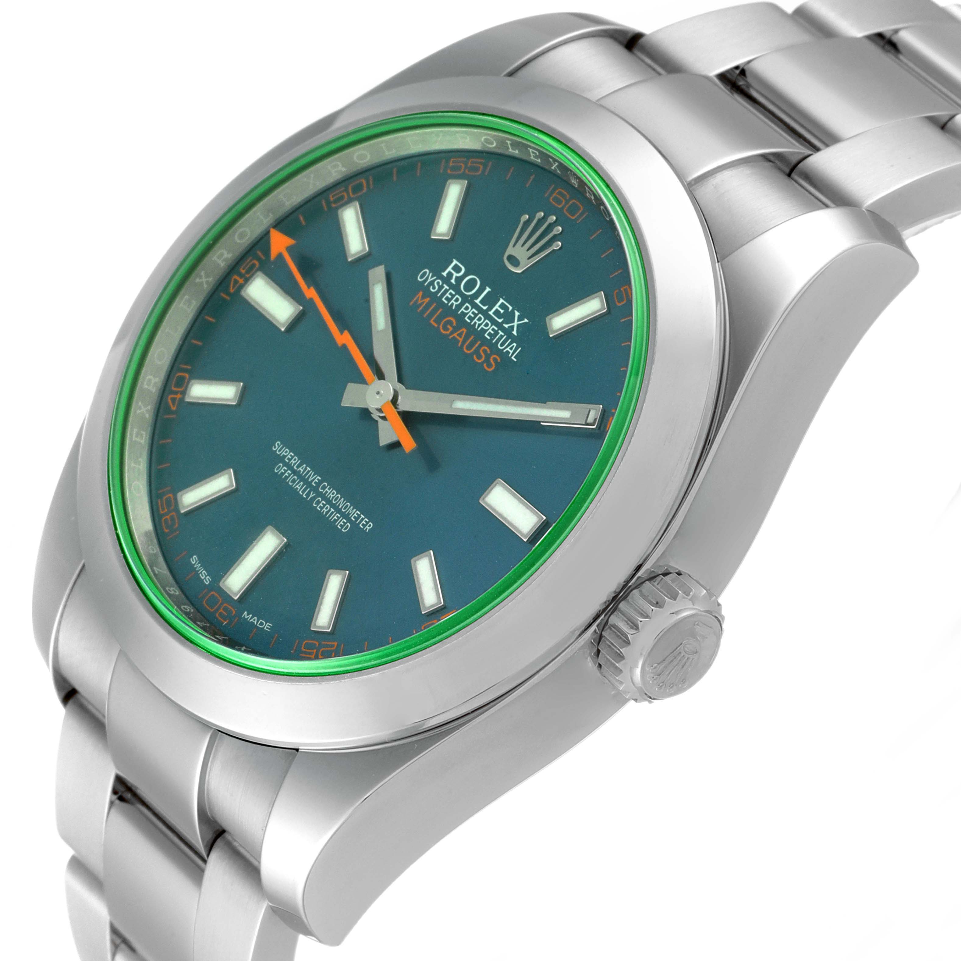 This image shows a side and front angle of the Rolex Milgauss 116400GV Men's Stainless Steel Blue Dial 116400GV Men's Stainless Steel Blue Dial, highlighting its dial, hands, bracelet, and crown.