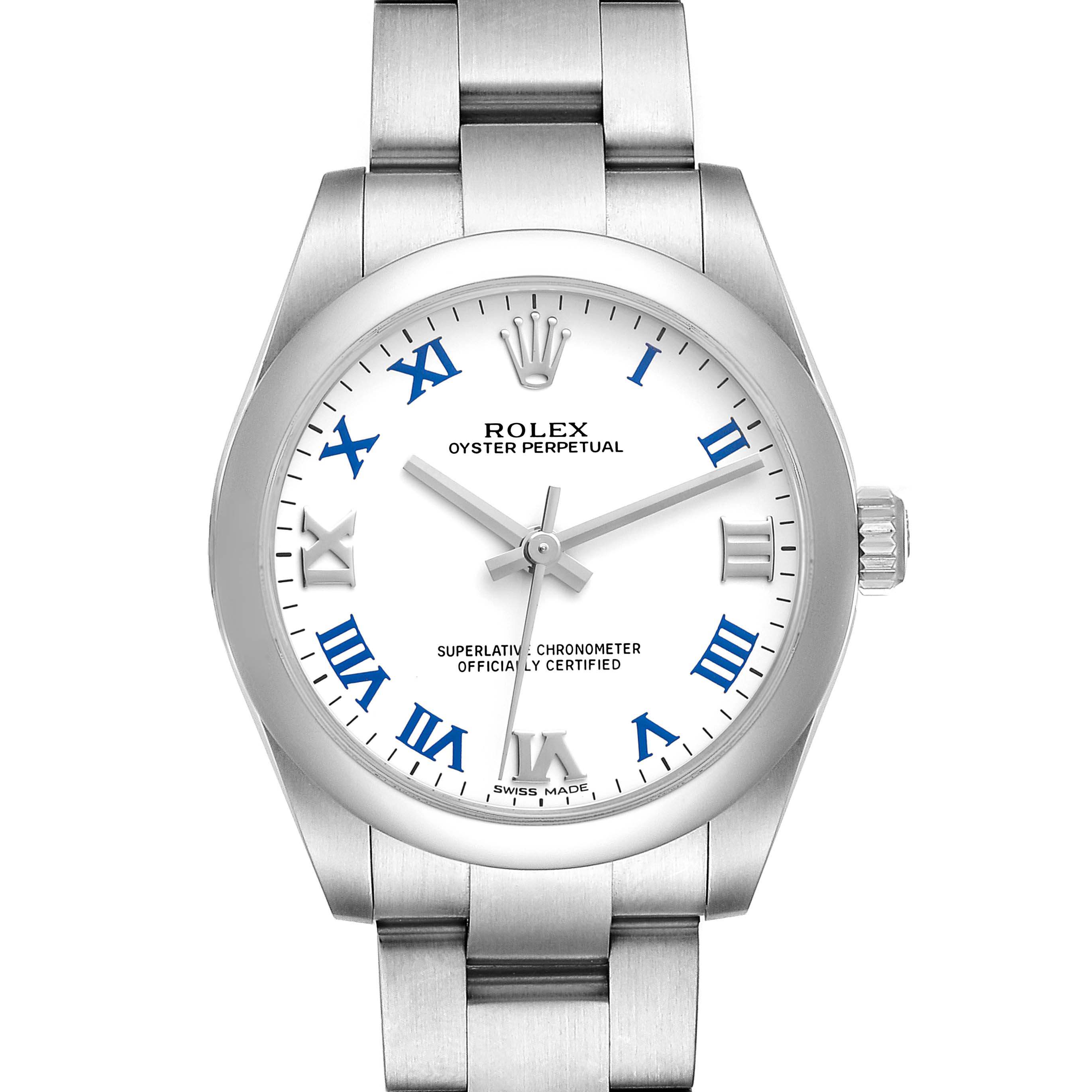 The image shows a front view of the Rolex Oyster Perpetual Mid-Size watch, highlighting the dial, bezel, and bracelet.