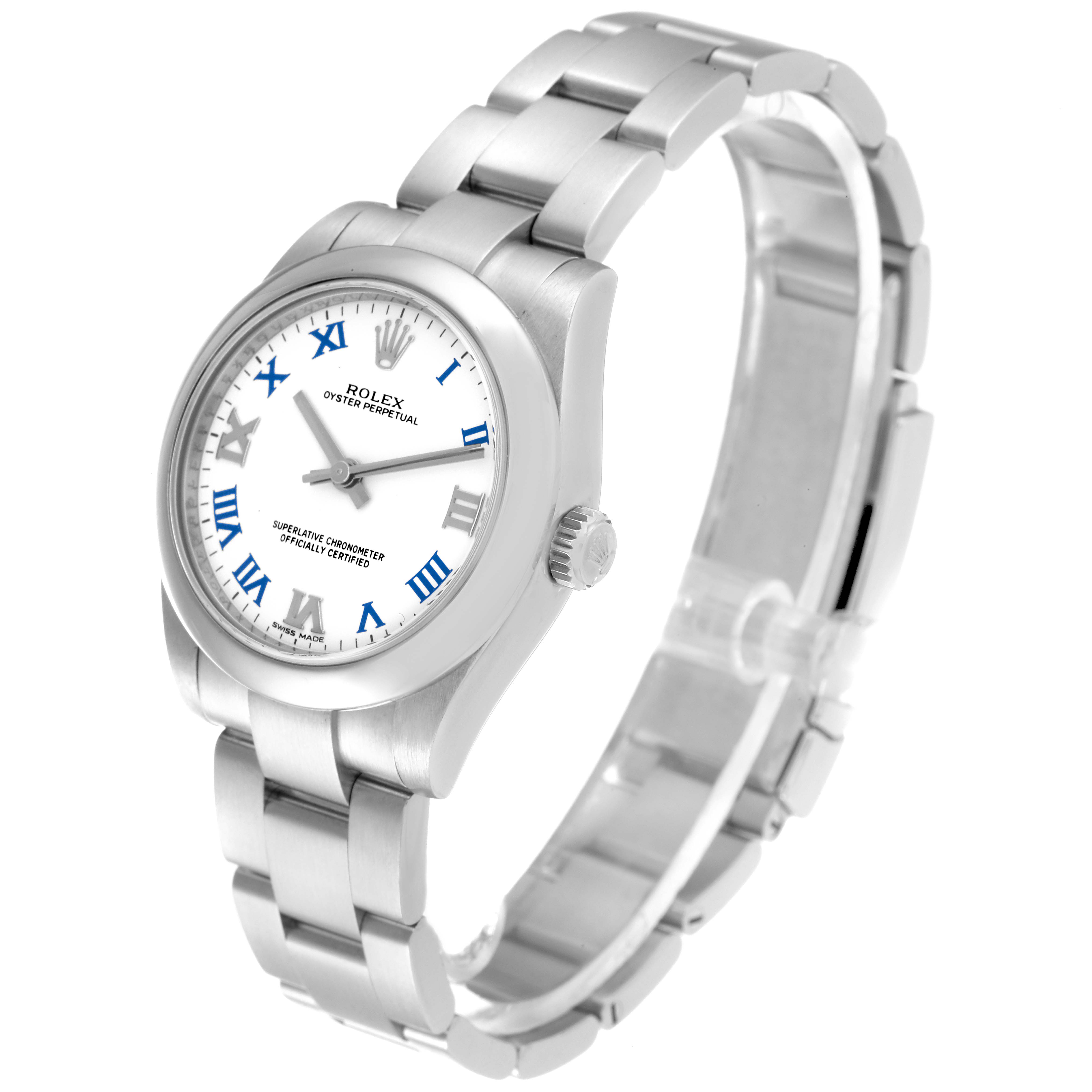 The Rolex Mid-Size 177200 Women's Stainless Steel White Dial 177200 Women's Stainless Steel White Dial watch is angled to show its face, crown, and the full bracelet.