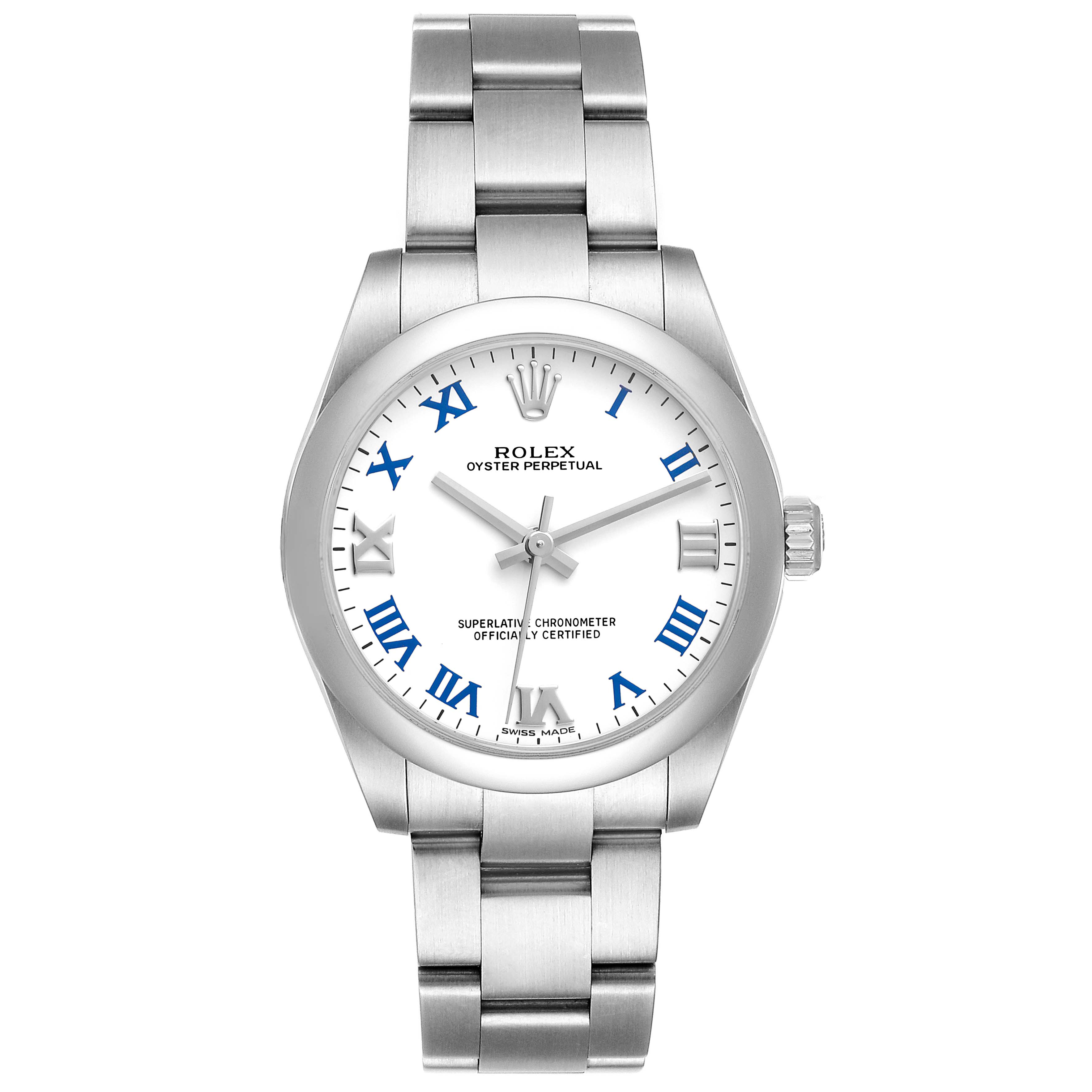 The Rolex Mid-Size 177200 Women's Stainless Steel White Dial 177200 Women's Stainless Steel White Dial Oyster Perpetual watch is shown from the front, highlighting its face, bezel, and bracelet.