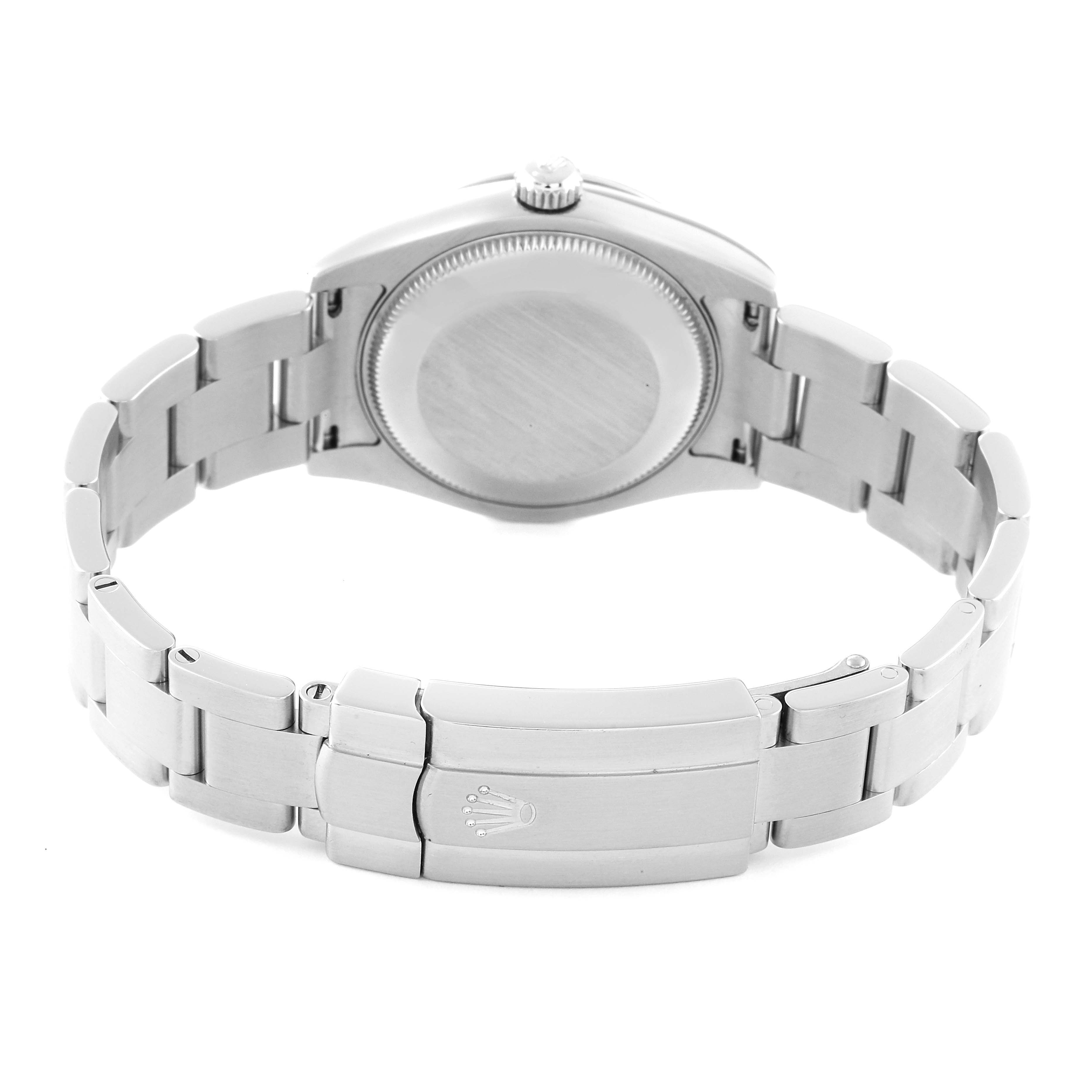 The image shows the back case and bracelet of a Rolex Mid-Size 177200 Women's Stainless Steel White Dial 177200 Women's Stainless Steel White Dial model watch, featuring its clasp and logo.