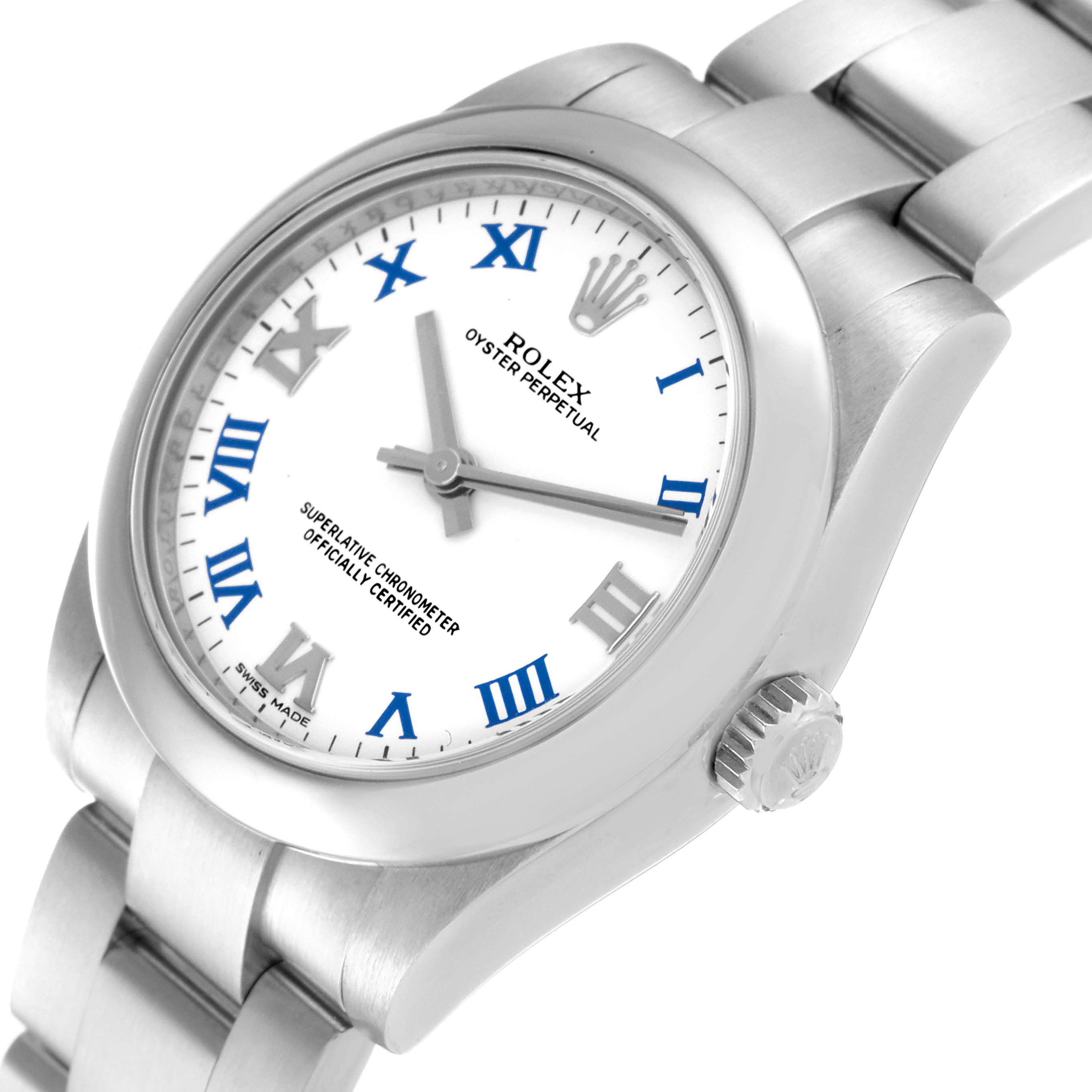 The Rolex Mid-Size 177200 Women's Stainless Steel White Dial 177200 Women's Stainless Steel White Dial Oyster Perpetual watch is shown at an angled side view featuring the dial, crown, and bracelet links.