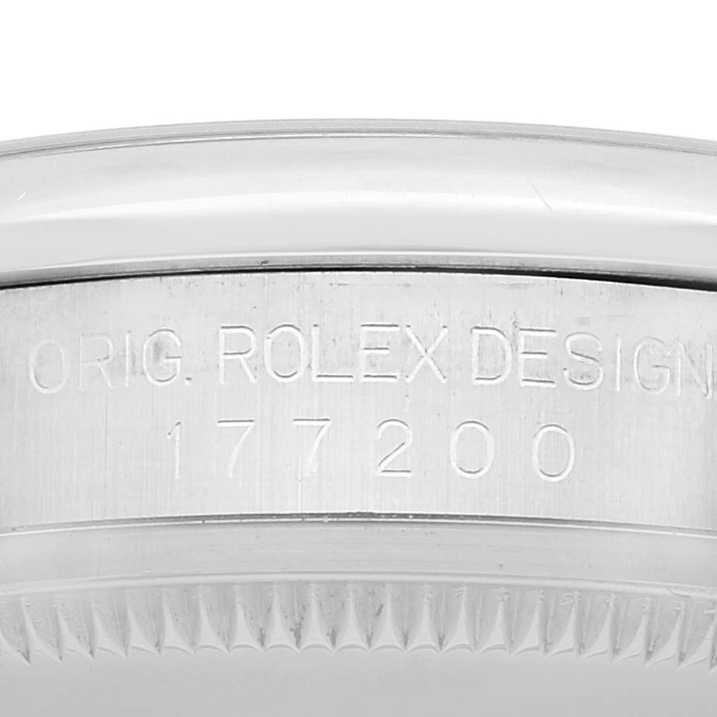 This image shows a close-up of the case back's edge of a Rolex Mid-Size 177200 Women's Stainless Steel White Dial 177200 Women's Stainless Steel White Dial model, specifically showing the model number 177200.