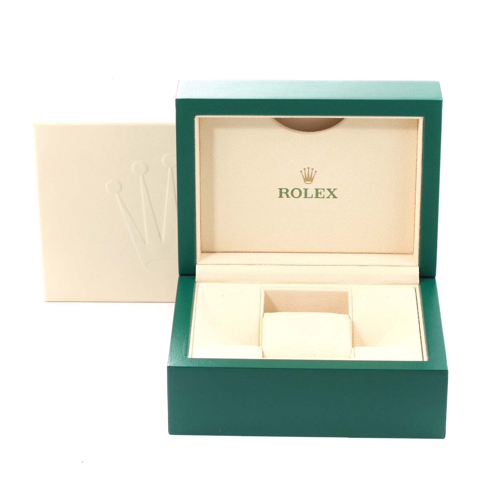 The image shows the packaging box for a Mid-Size Rolex watch, open with the interior in view.