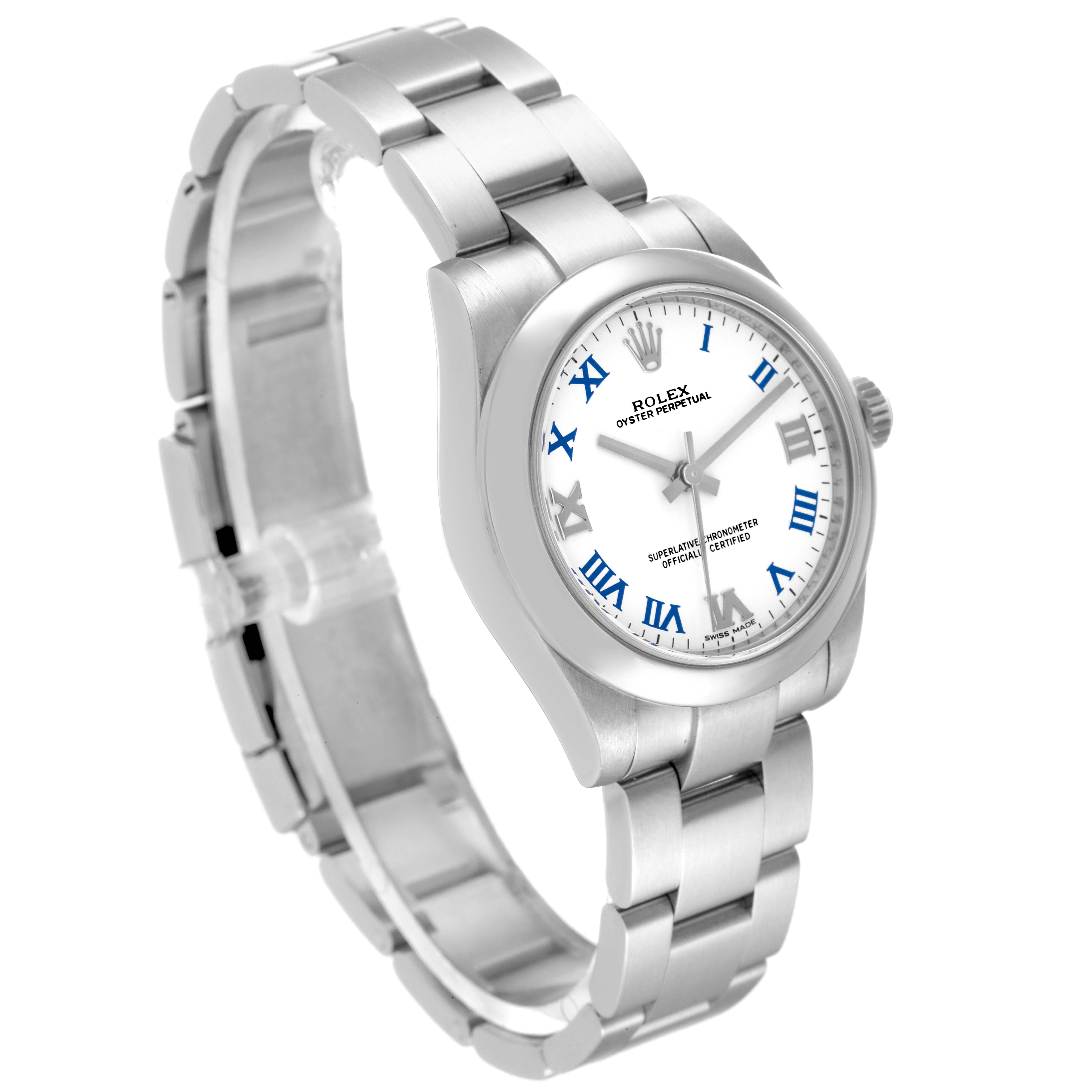 This image shows a side-angle view of the Rolex Mid-Size 177200 Women's Stainless Steel White Dial 177200 Women's Stainless Steel White Dial Oyster Perpetual watch, highlighting the face, case, bracelet, and clasp.