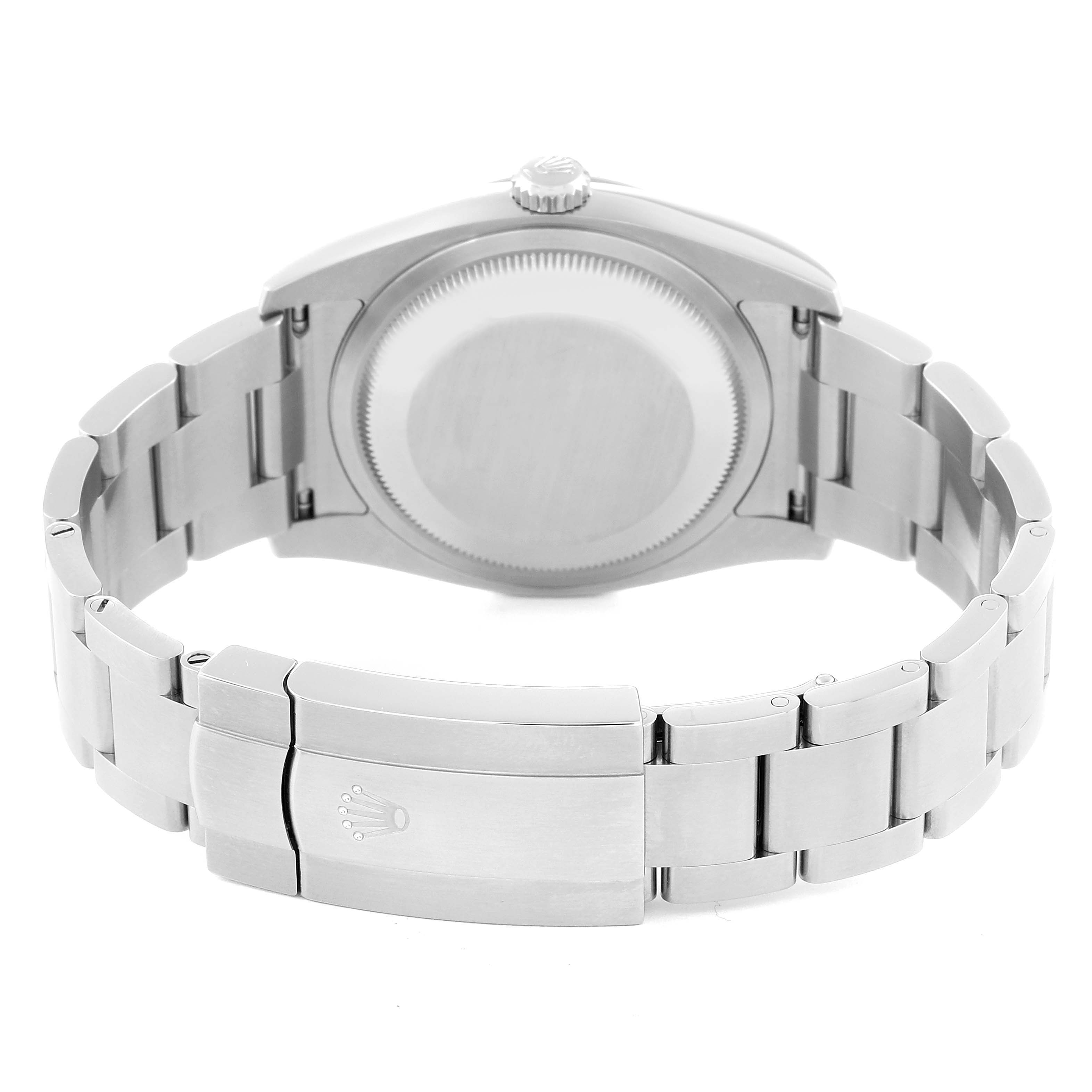 This image shows the back case and bracelet of a Rolex Oyster Perpetual 116000 Men's Stainless Steel Yellow Dial 116000 Men's Stainless Steel Yellow Dial model.