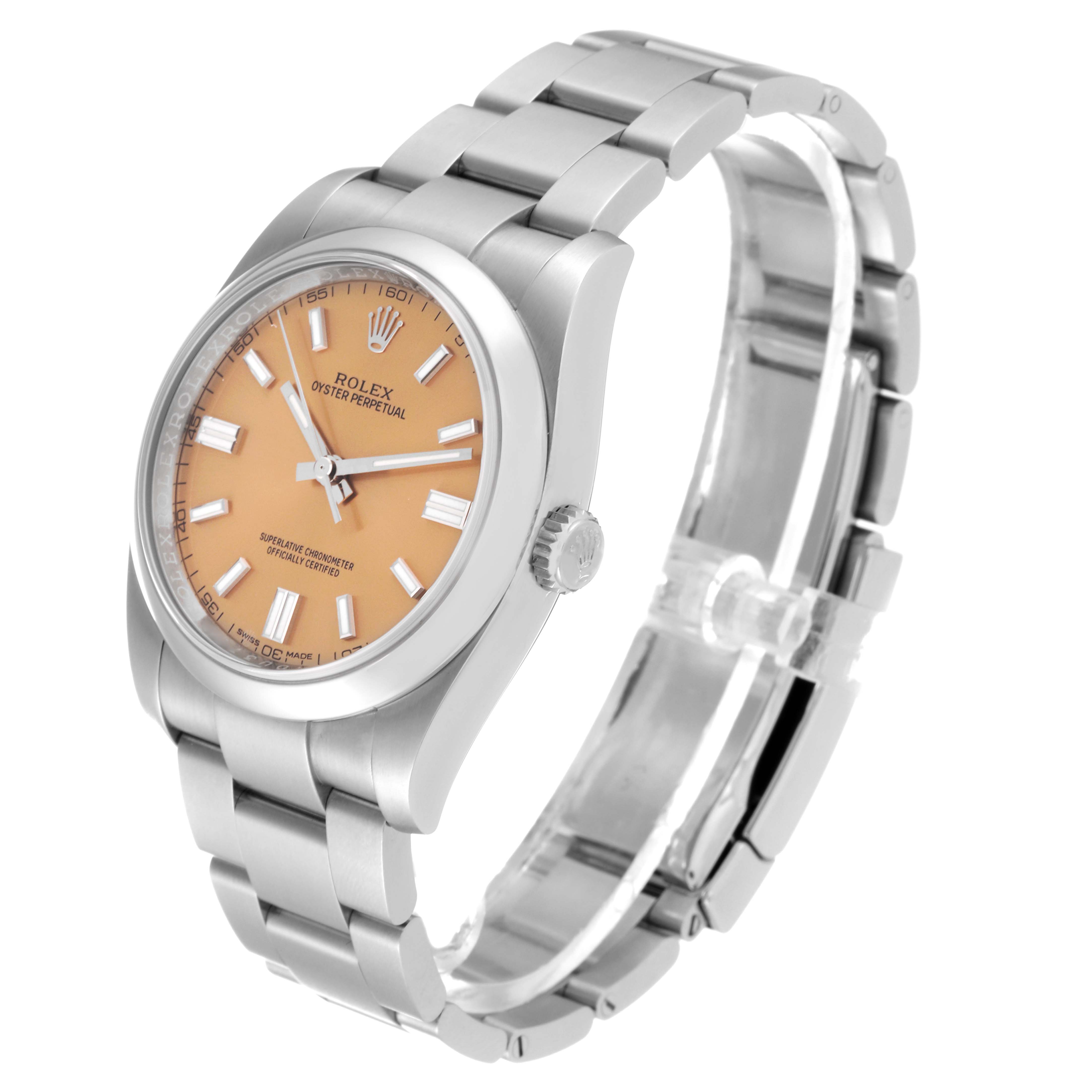 This Rolex Oyster Perpetual 116000 Men's Stainless Steel Yellow Dial 116000 Men's Stainless Steel Yellow Dial watch is shown at a slight angle, highlighting the dial, bezel, crown, and bracelet.