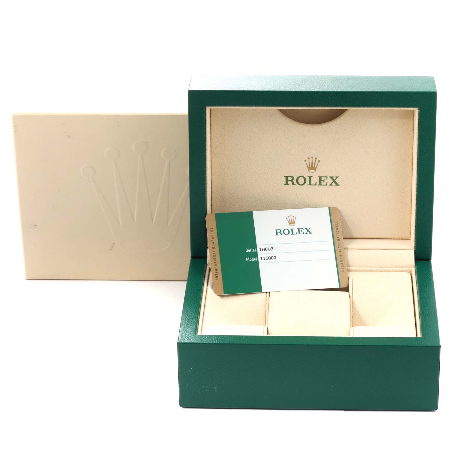 The image shows a Rolex Oyster Perpetual 116000 Men's Stainless Steel Yellow Dial 116000 Men's Stainless Steel Yellow Dial watch box with an authenticity card, displayed from a front angle.