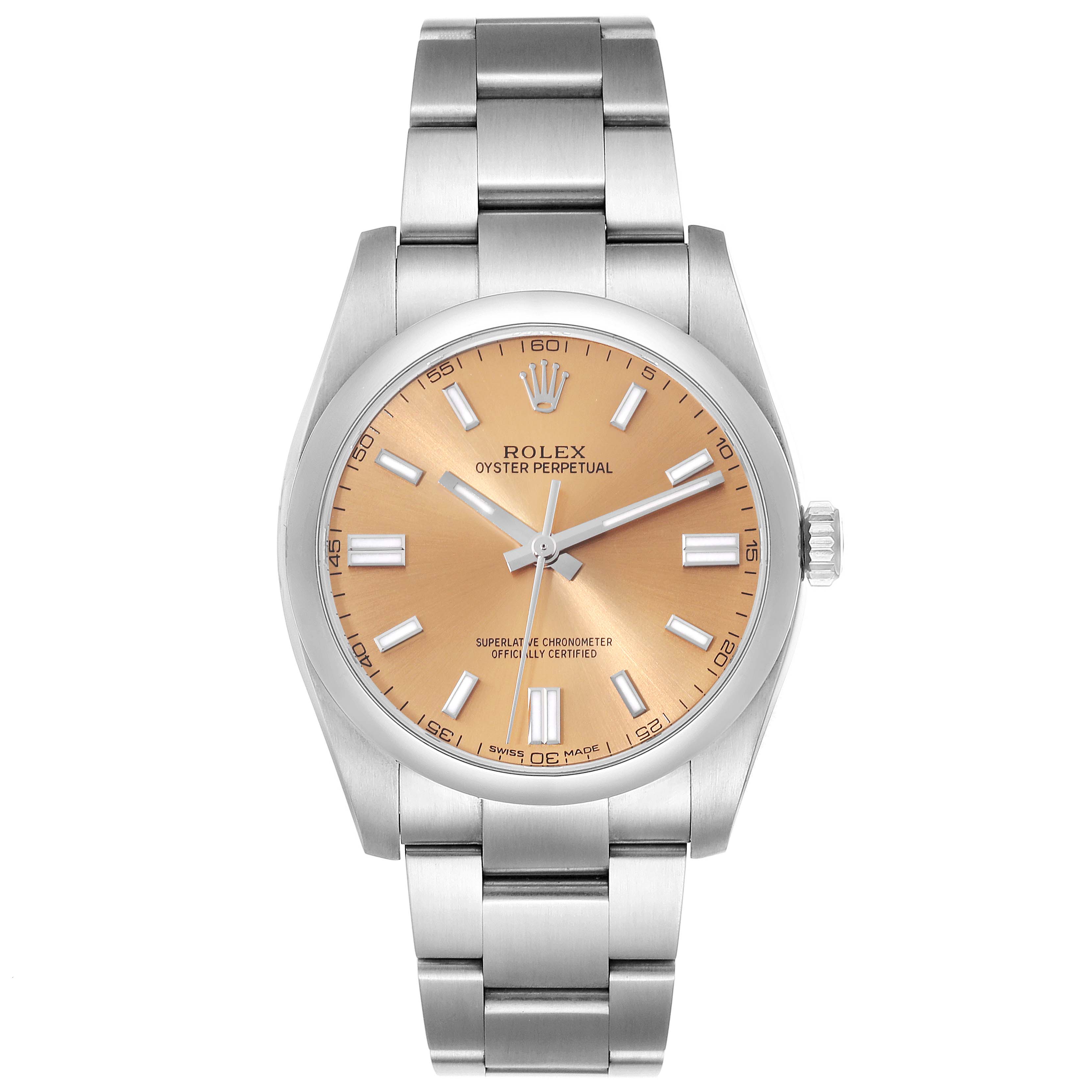 This image shows the front view of a Rolex Oyster Perpetual 116000 Men's Stainless Steel Yellow Dial 116000 Men's Stainless Steel Yellow Dial watch, highlighting its face, bezel, and bracelet.