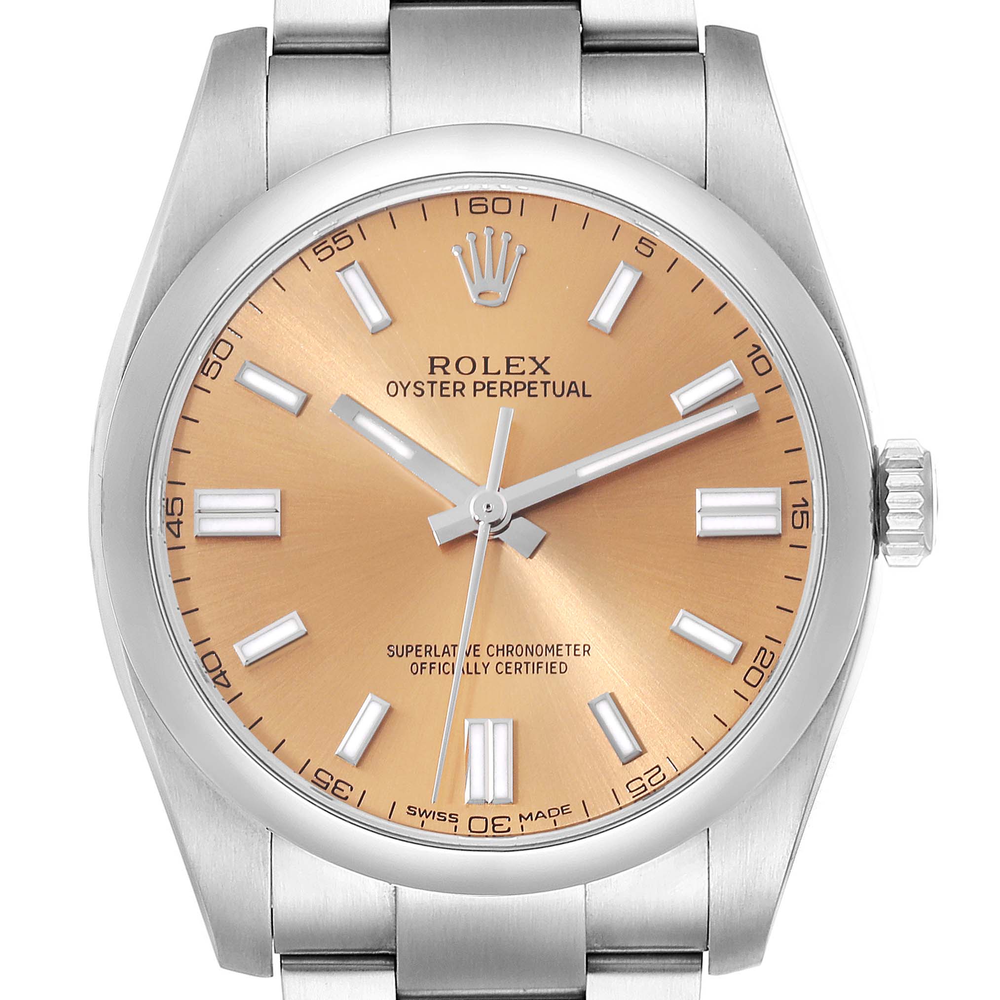 The image shows a front view of the Rolex Oyster Perpetual 116000 Men's Stainless Steel Yellow Dial 116000 Men's Stainless Steel Yellow Dial watch, highlighting its dial, hands, crown, and bracelet.