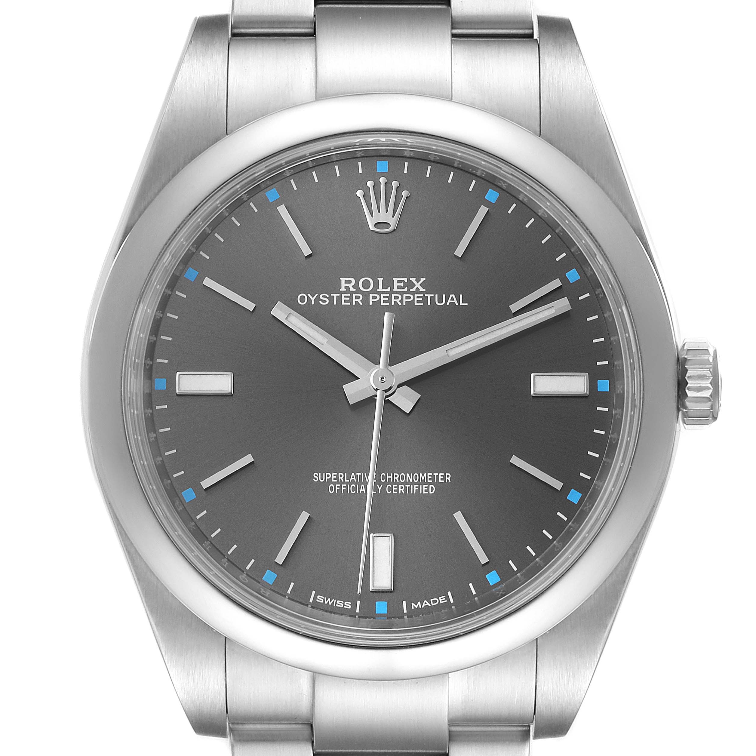 The image shows a head-on view of a Rolex Oyster Perpetual 114300 Men's Stainless Steel Grey Dial 114300 Men's Stainless Steel Grey Dial watch, highlighting its dial, hour markers, hands, and bezel.