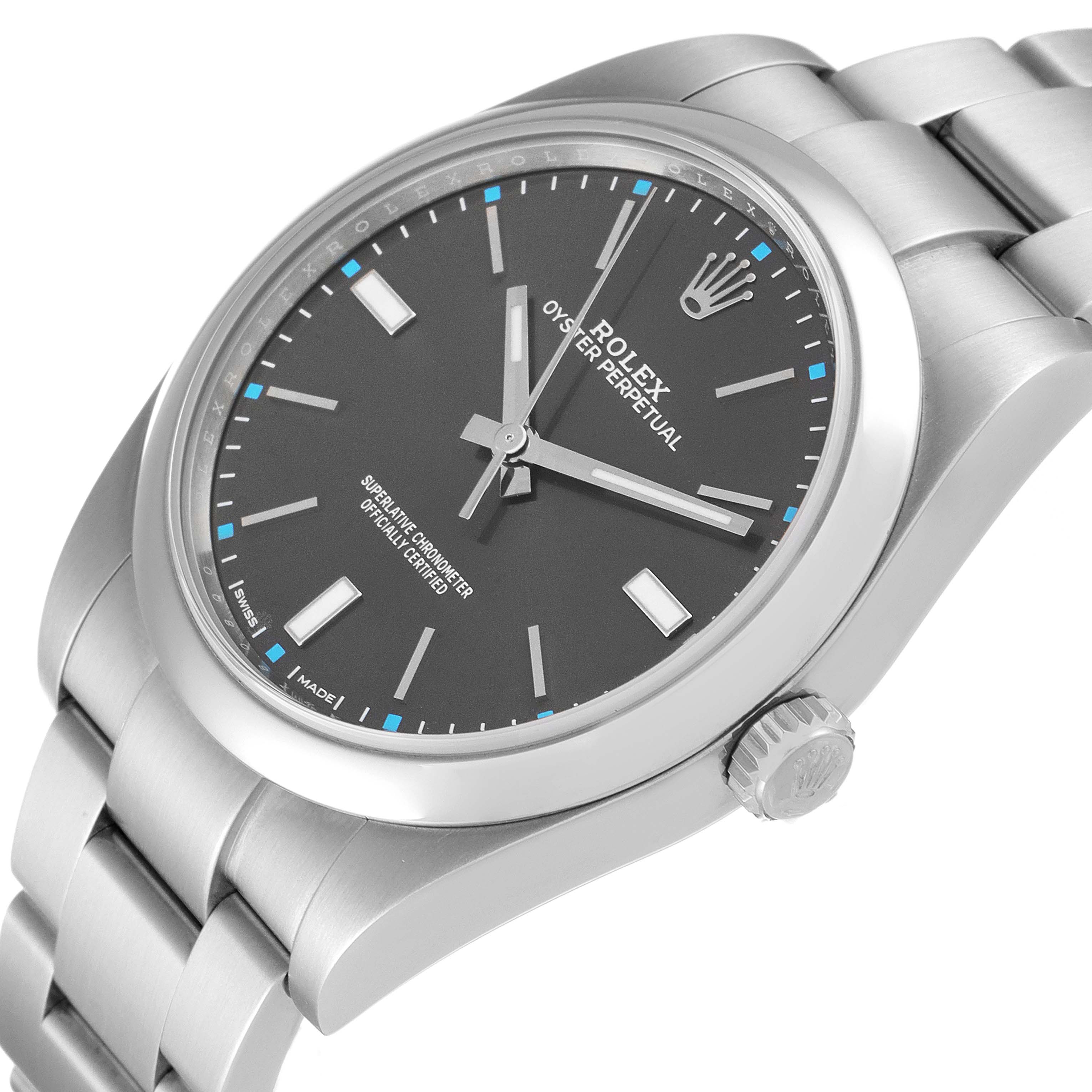 This image shows a side and partial top view of a Rolex Oyster Perpetual 114300 Men's Stainless Steel Grey Dial 114300 Men's Stainless Steel Grey Dial watch, highlighting the dial, bracelet, and crown.