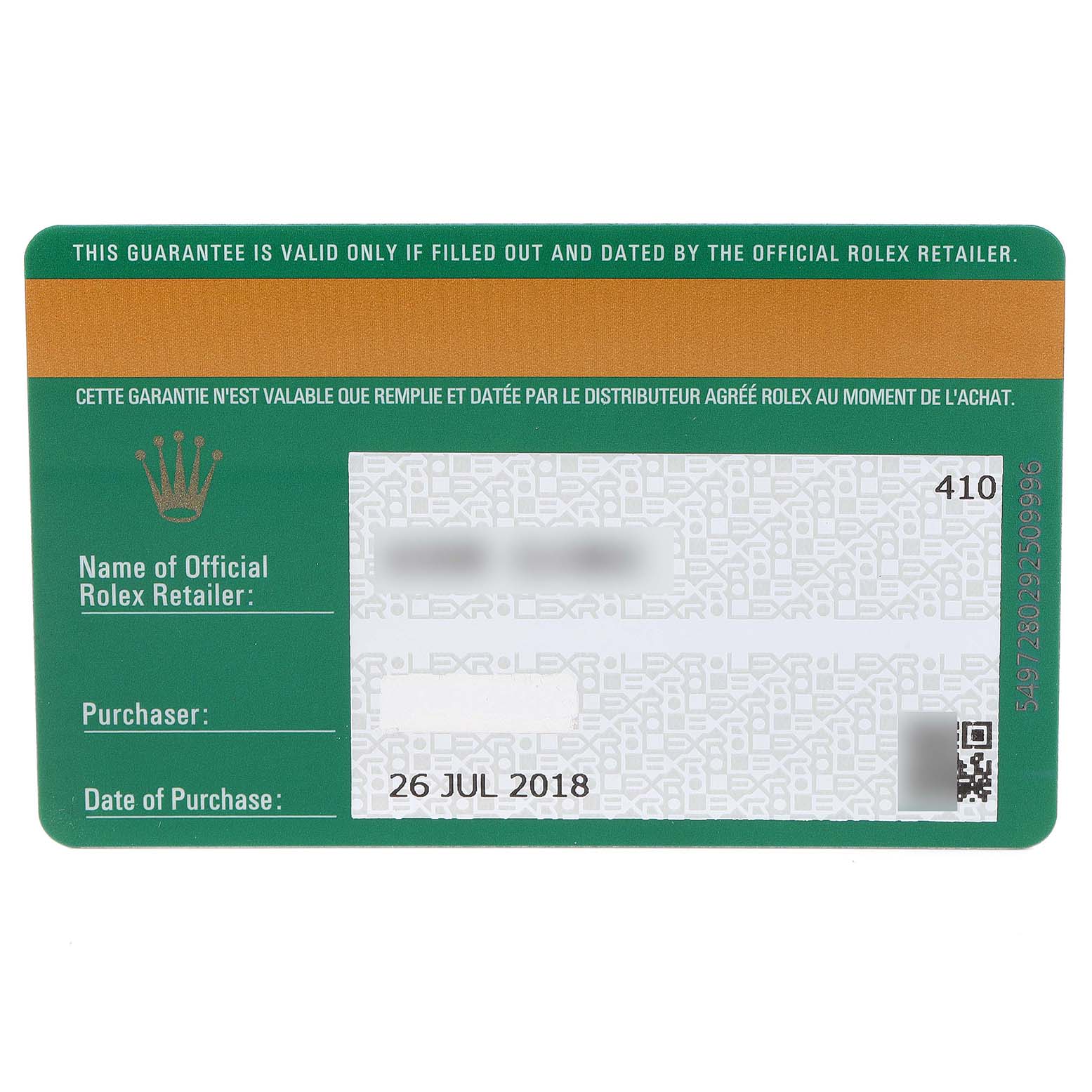 This image shows the warranty card for a Rolex Oyster Perpetual 114300 Men's Stainless Steel Grey Dial 114300 Men's Stainless Steel Grey Dial watch from an official retailer, dated 26 July 2018.