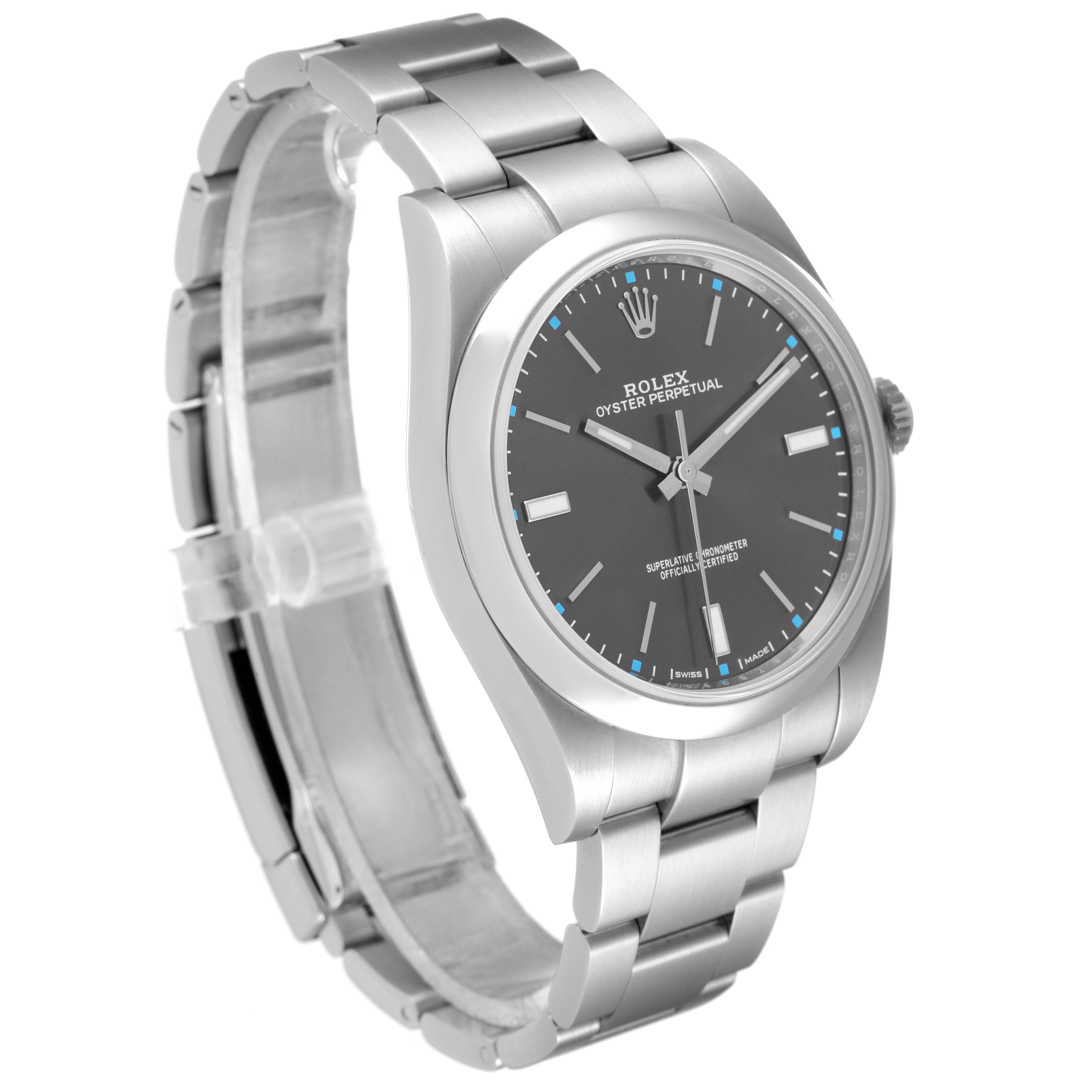 The image shows the Rolex Oyster Perpetual 114300 Men's Stainless Steel Grey Dial 114300 Men's Stainless Steel Grey Dial watch at a slight angle, highlighting the watch face, case, and bracelet.