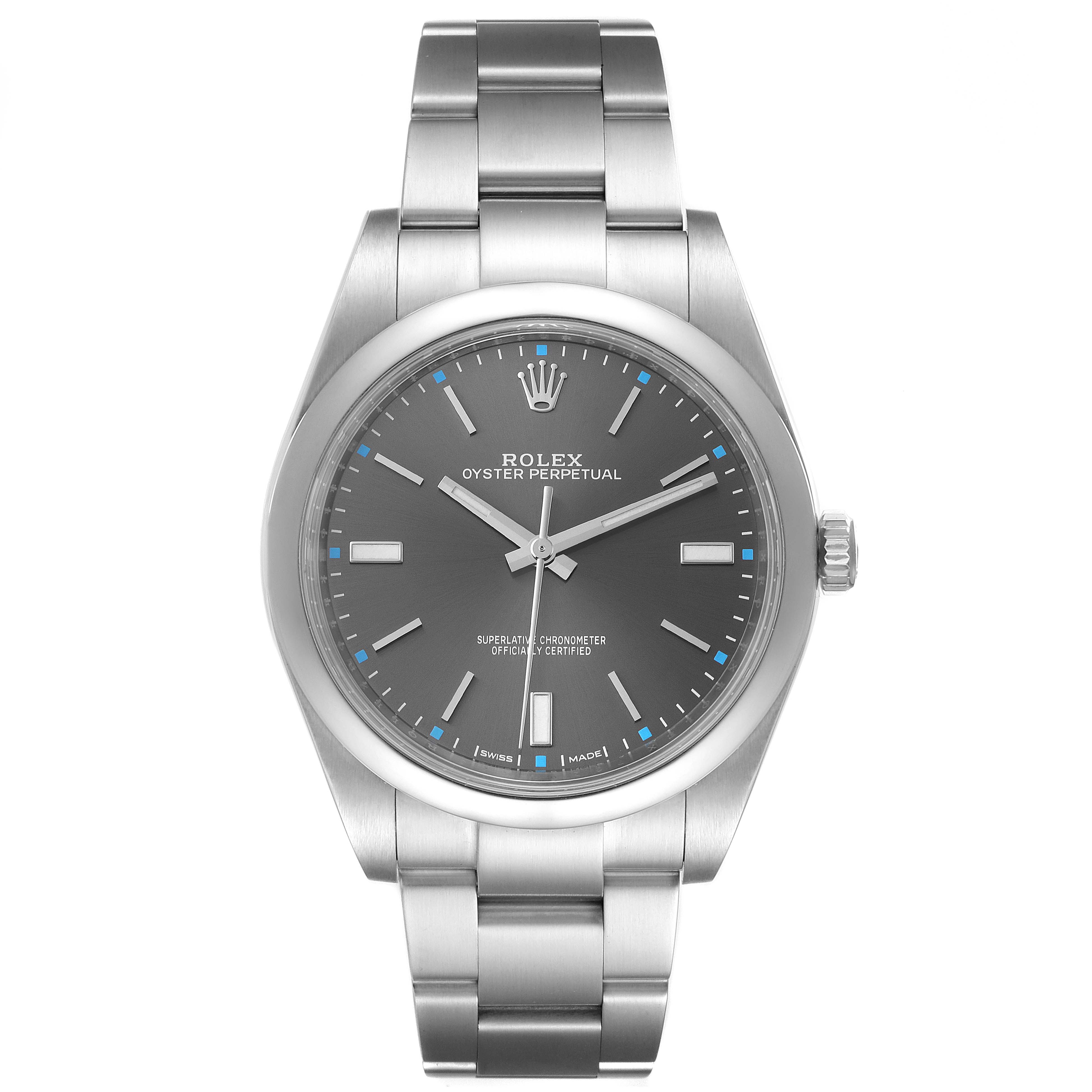 The image shows a front view of a Rolex Oyster Perpetual 114300 Men's Stainless Steel Grey Dial 114300 Men's Stainless Steel Grey Dial watch, displaying its dial, bezel, crown, and bracelet.
