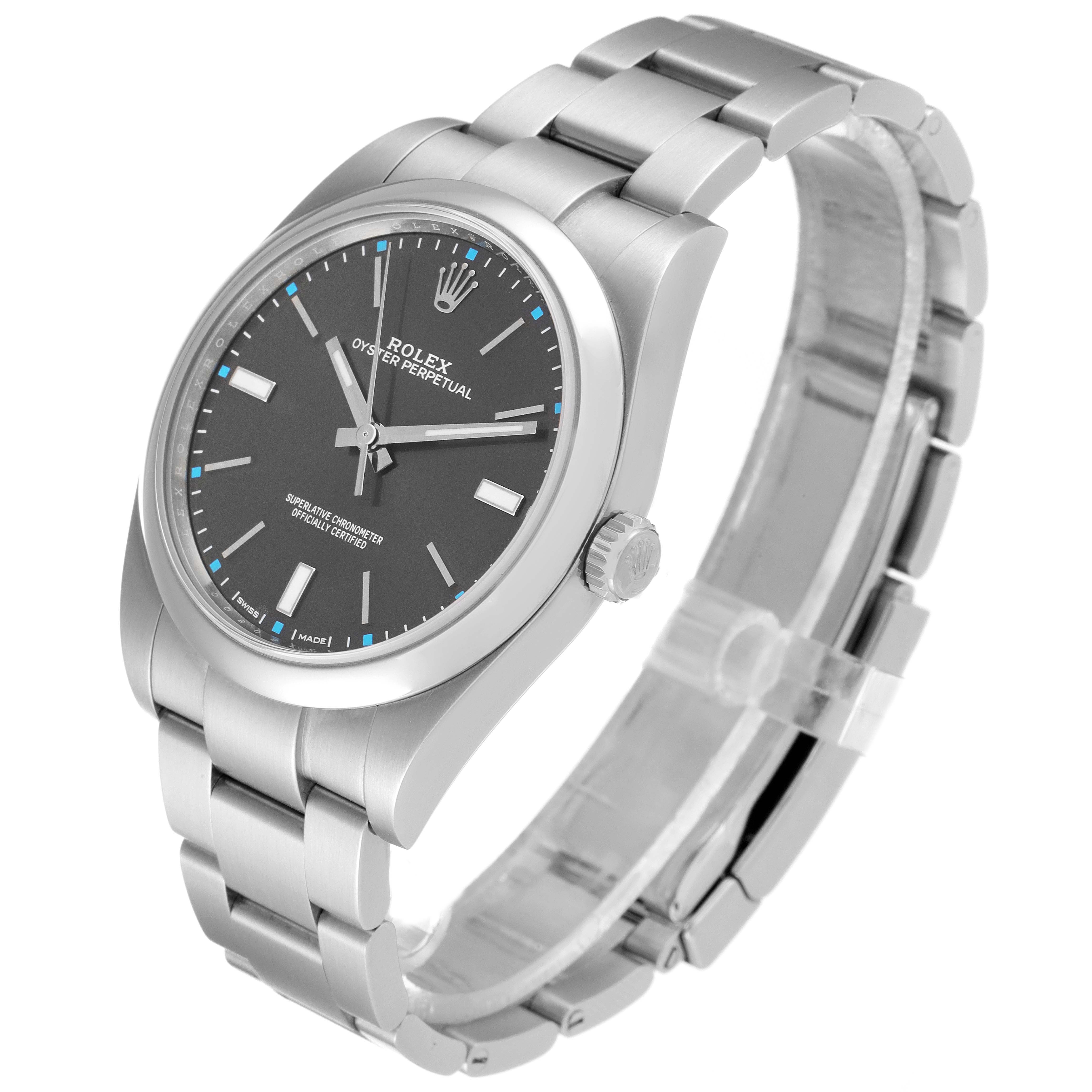 The Rolex Oyster Perpetual 114300 Men's Stainless Steel Grey Dial 114300 Men's Stainless Steel Grey Dial watch is shown at a three-quarter angle, displaying the dial, crown, and bracelet.