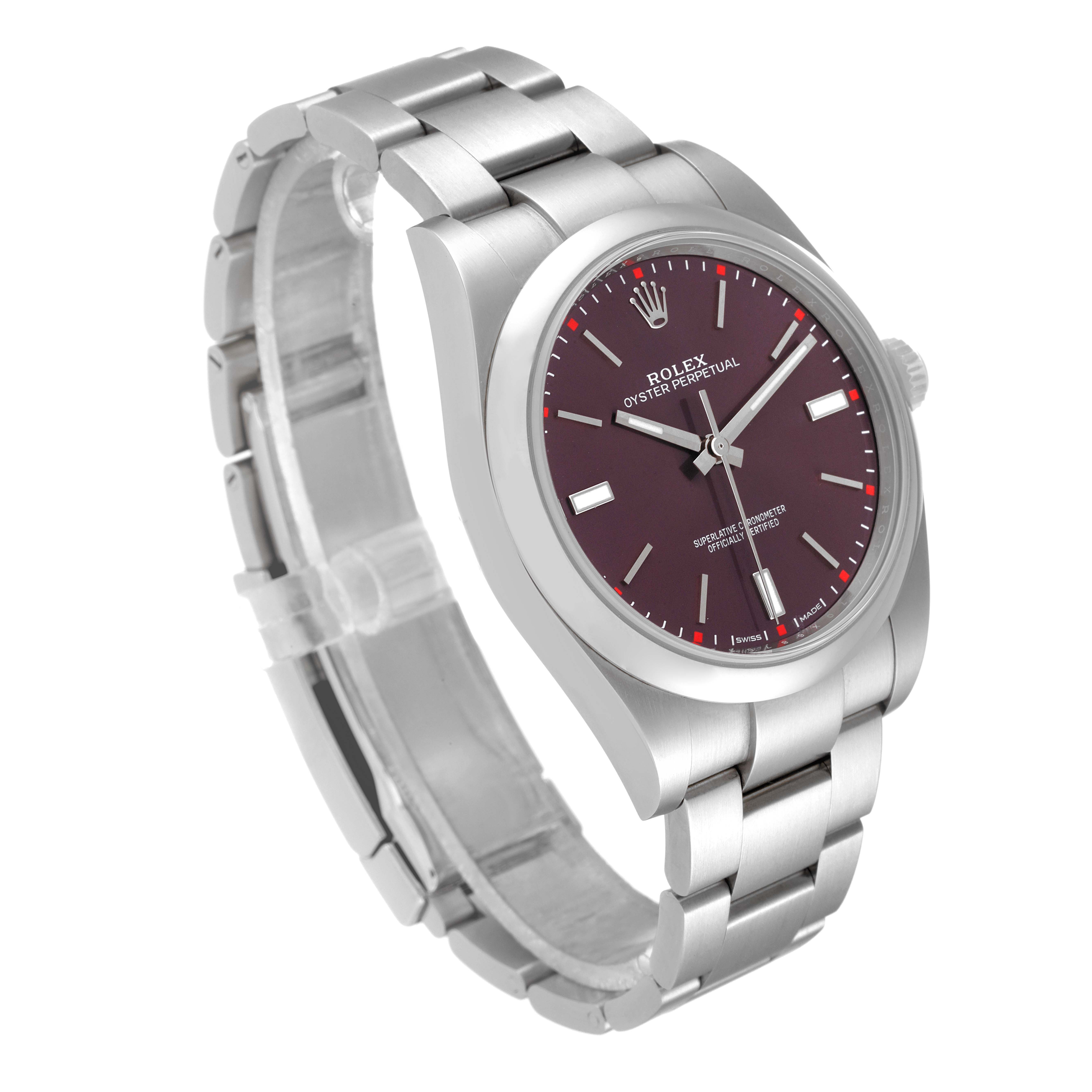 The image shows a Rolex Oyster Perpetual 114300 Men
s Stainless Steel Burgundy Dial 114300 Men
s Stainless Steel Burgundy Dial watch at a three-quarter angle, highlighting its face, bezel, bracelet, and crown.