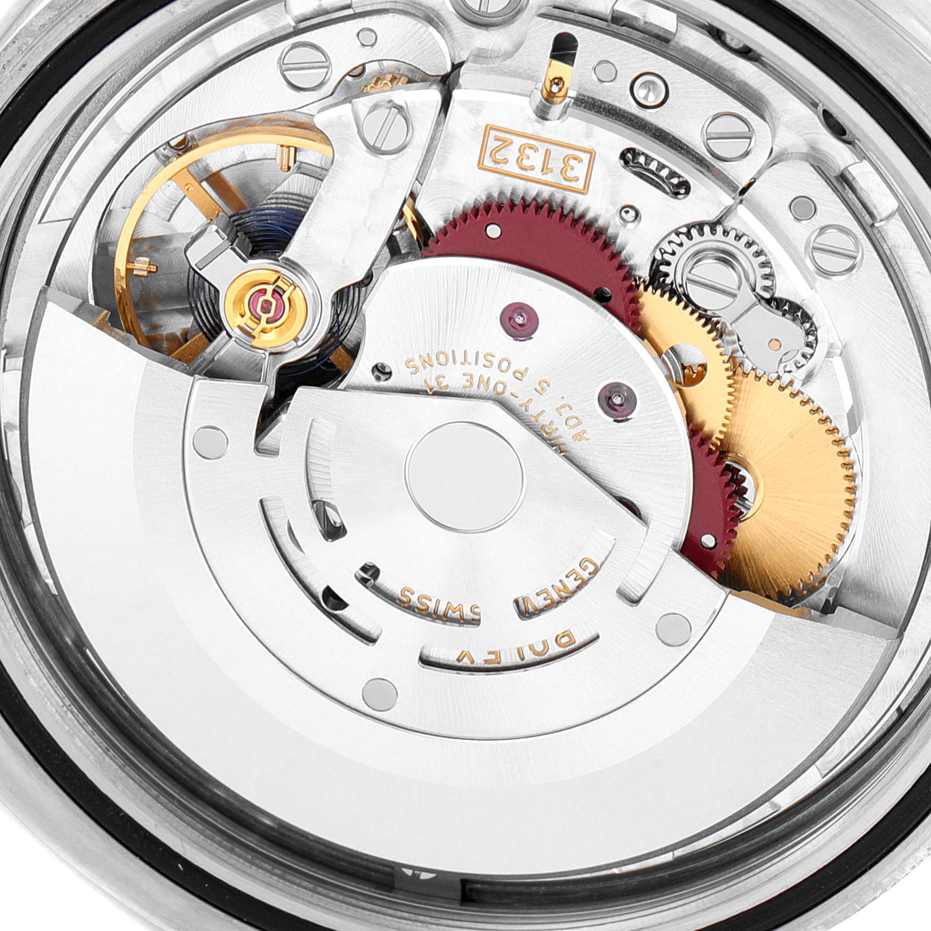 This image shows a detailed view of the internal movement mechanism of a Rolex Oyster Perpetual 114300 Men
s Stainless Steel Burgundy Dial 114300 Men
s Stainless Steel Burgundy Dial watch.