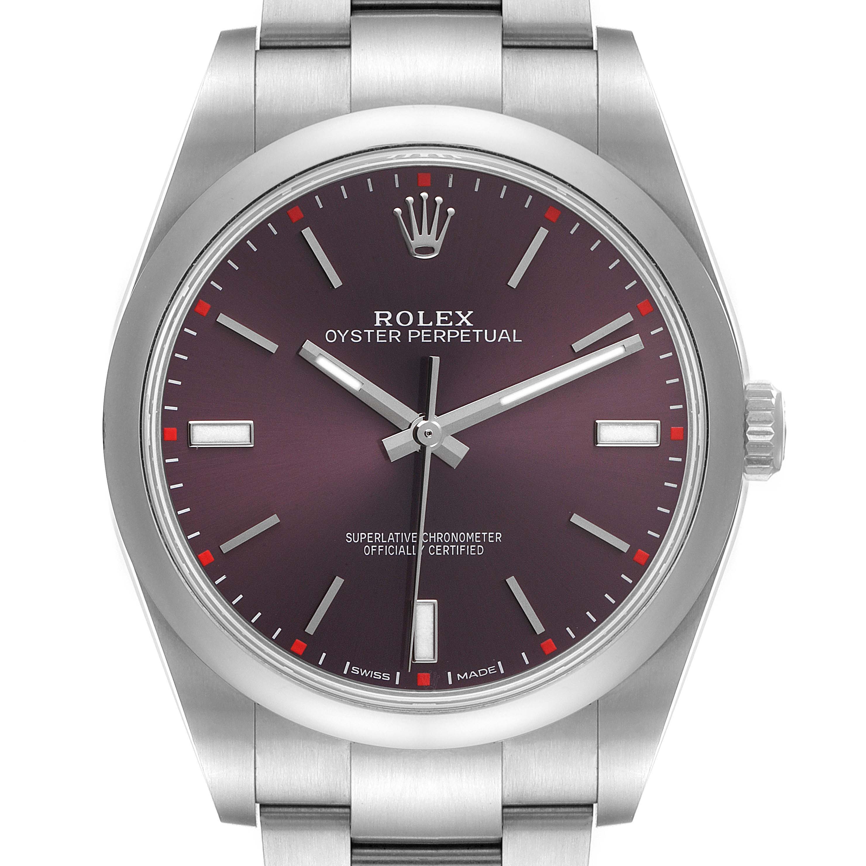 The image shows a frontal view of a Rolex Oyster Perpetual 114300 Men
s Stainless Steel Burgundy Dial 114300 Men
s Stainless Steel Burgundy Dial watch, highlighting its dial, hour markers, hands, and crown.