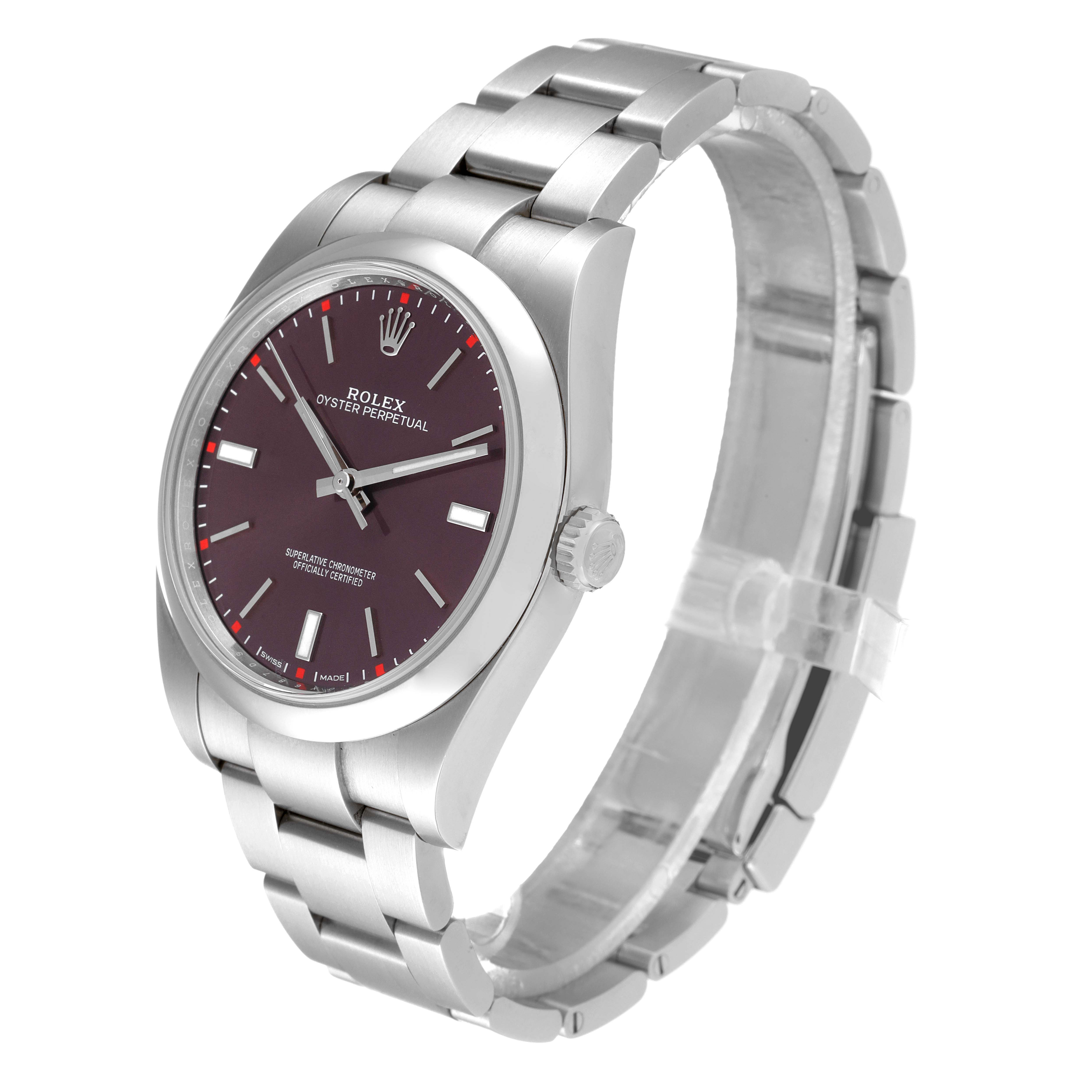 The image shows a three-quarter view of a Rolex Oyster Perpetual 114300 Men
s Stainless Steel Burgundy Dial 114300 Men
s Stainless Steel Burgundy Dial watch, highlighting the dial, bezel, case, crown, and bracelet.