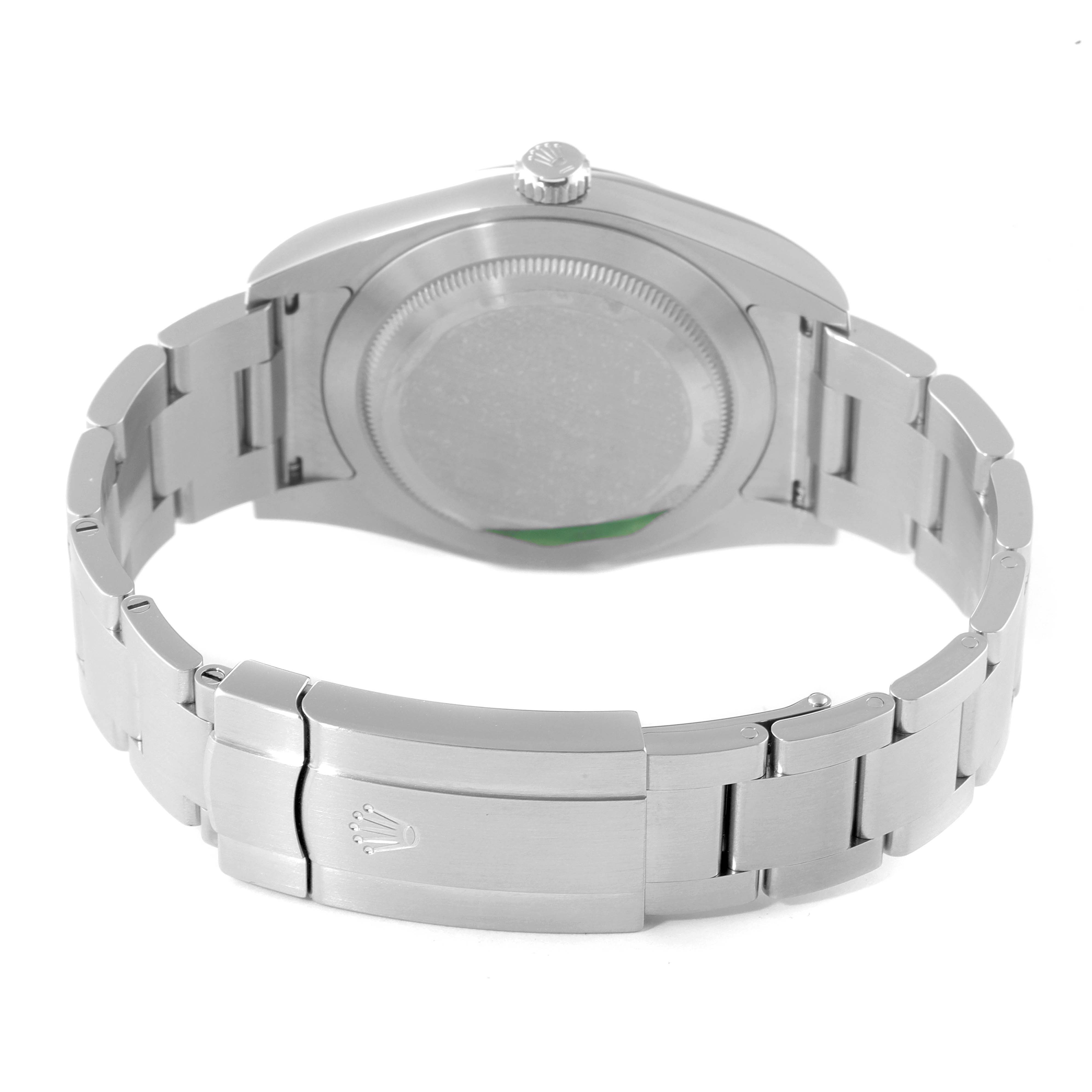 The image shows the back view of a Rolex Oyster Perpetual 114300 Men
s Stainless Steel Burgundy Dial 114300 Men
s Stainless Steel Burgundy Dial watch, highlighting the clasp and bracelet.