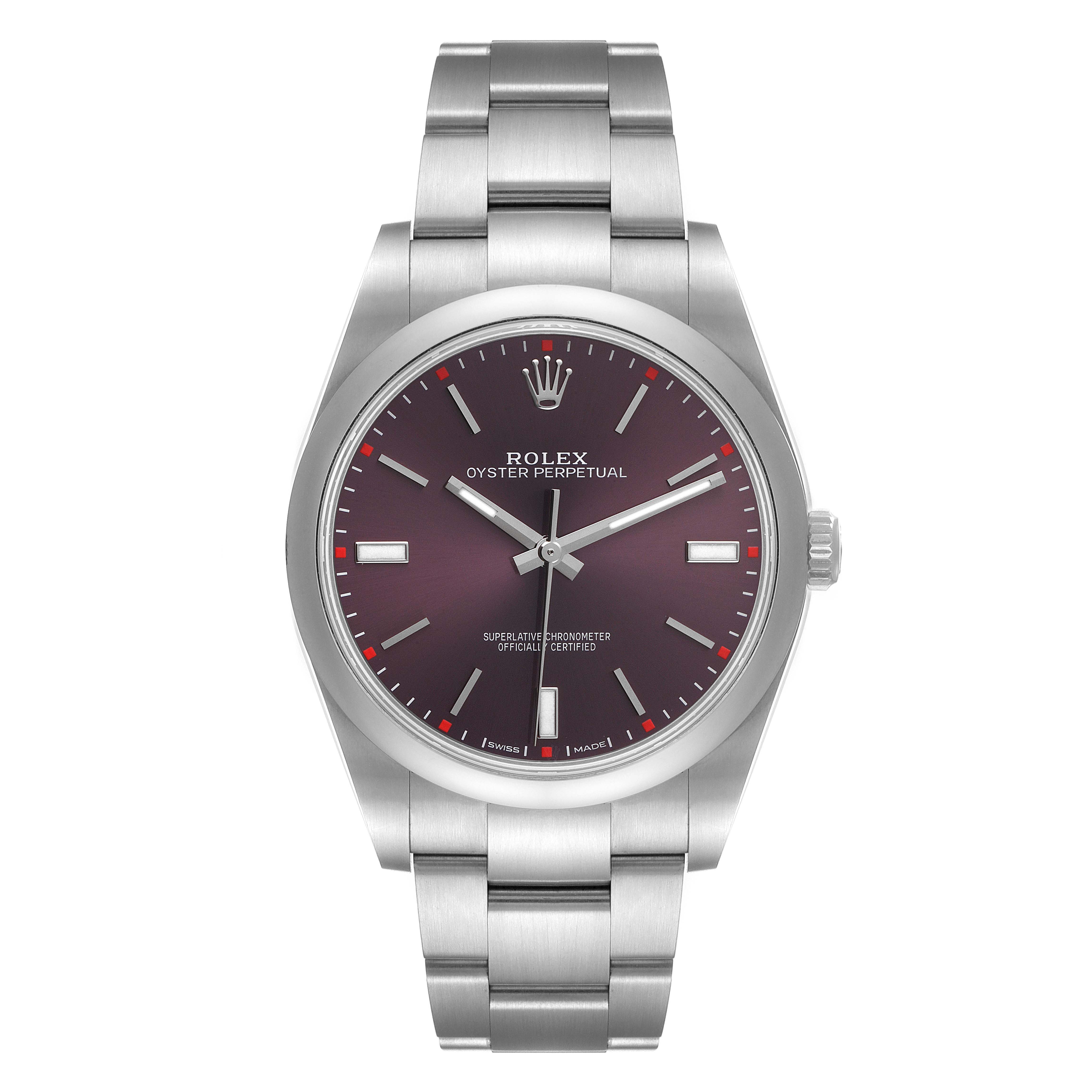 The image shows a front view of a Rolex Oyster Perpetual 114300 Men
s Stainless Steel Burgundy Dial 114300 Men
s Stainless Steel Burgundy Dial watch, displaying its face, dial, and bracelet.