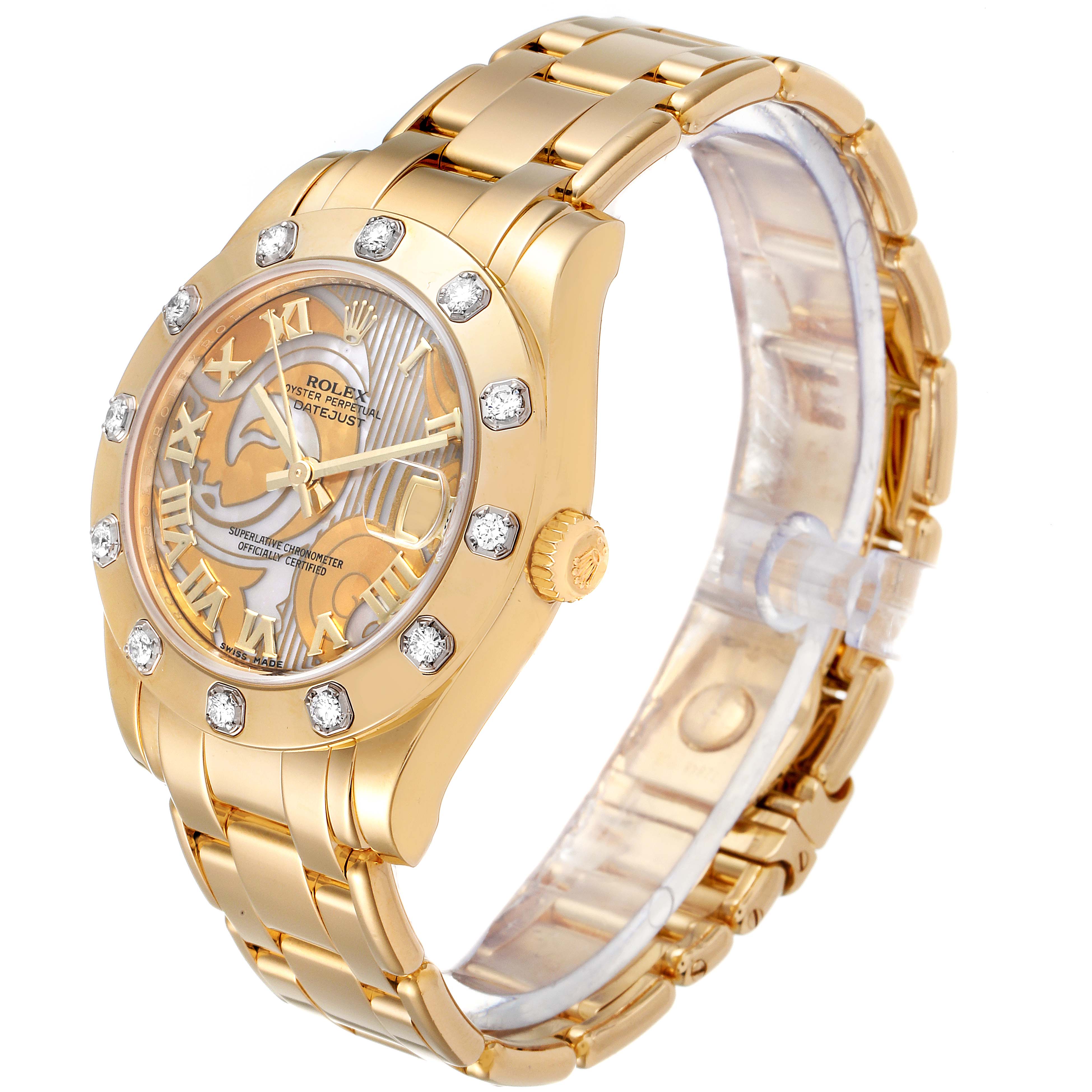 The image shows a Rolex Pearlmaster 81318 Women's Yellow Gold Mother of Pearl Dial 81318 Women's Yellow Gold Mother of Pearl Dial watch at a three-quarter angle, highlighting the face, bezel, band, and crown.